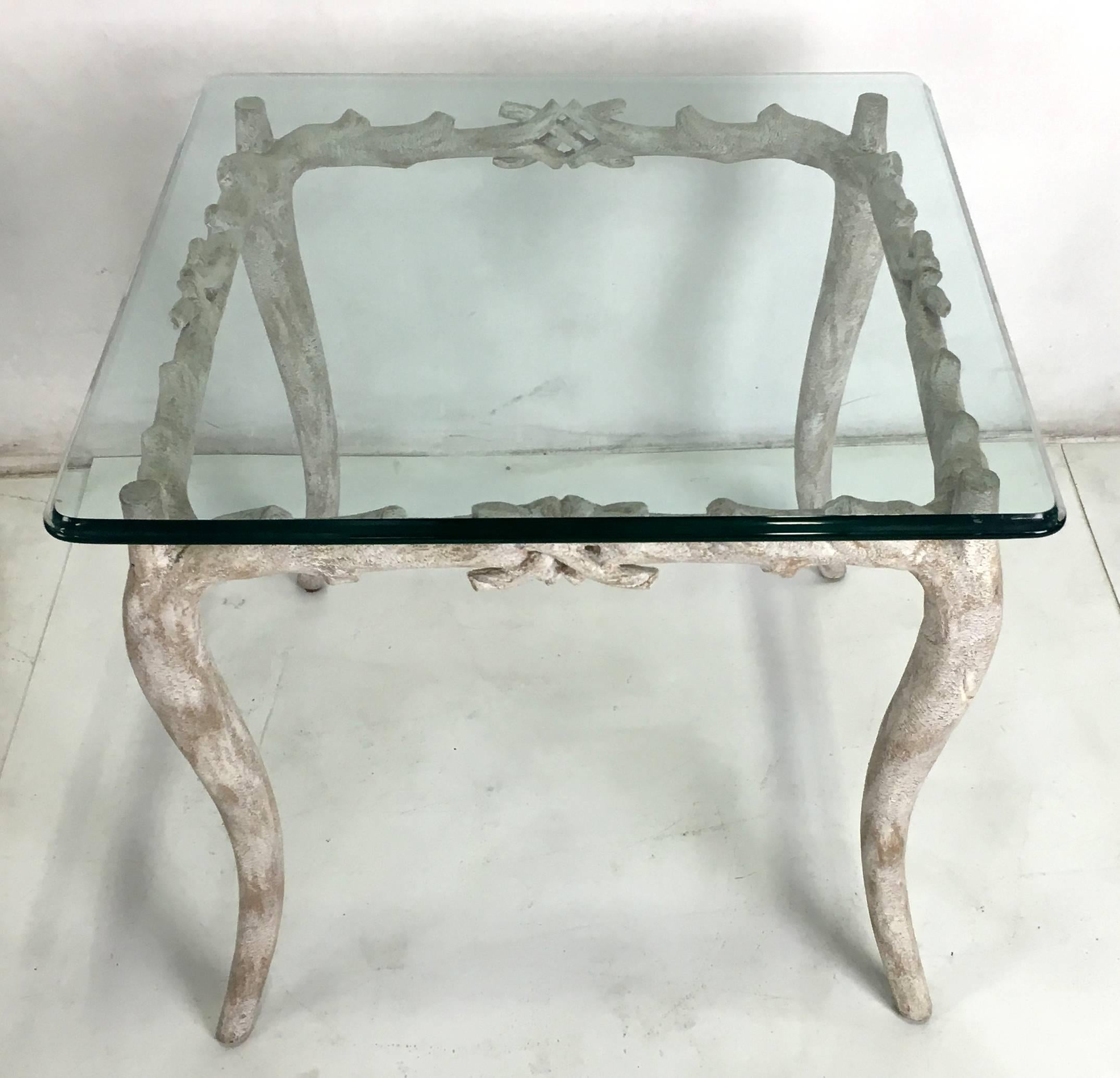 Gorgeous concrete faux bois table with tempered glass top with wonderful aged painted finish.