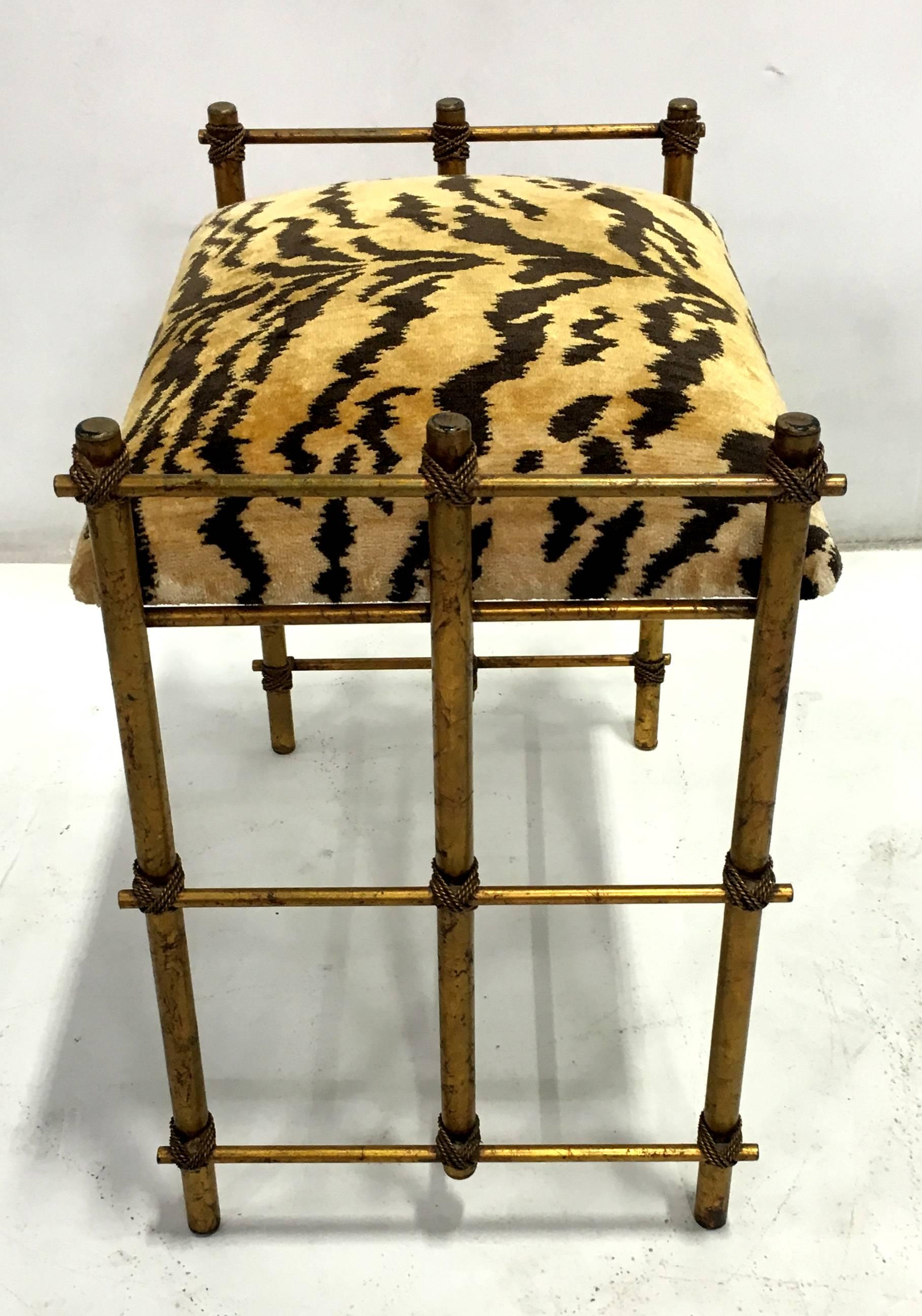 Mid-Century Modern Italian Gilt Tole Bench with Scalamandre Le Tigre Cushion