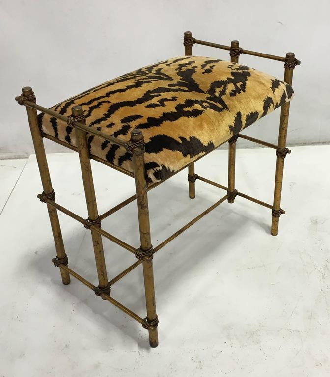 Italian Gilt Tole Bench with Scalamandre Le Tigre Cushion For Sale at
