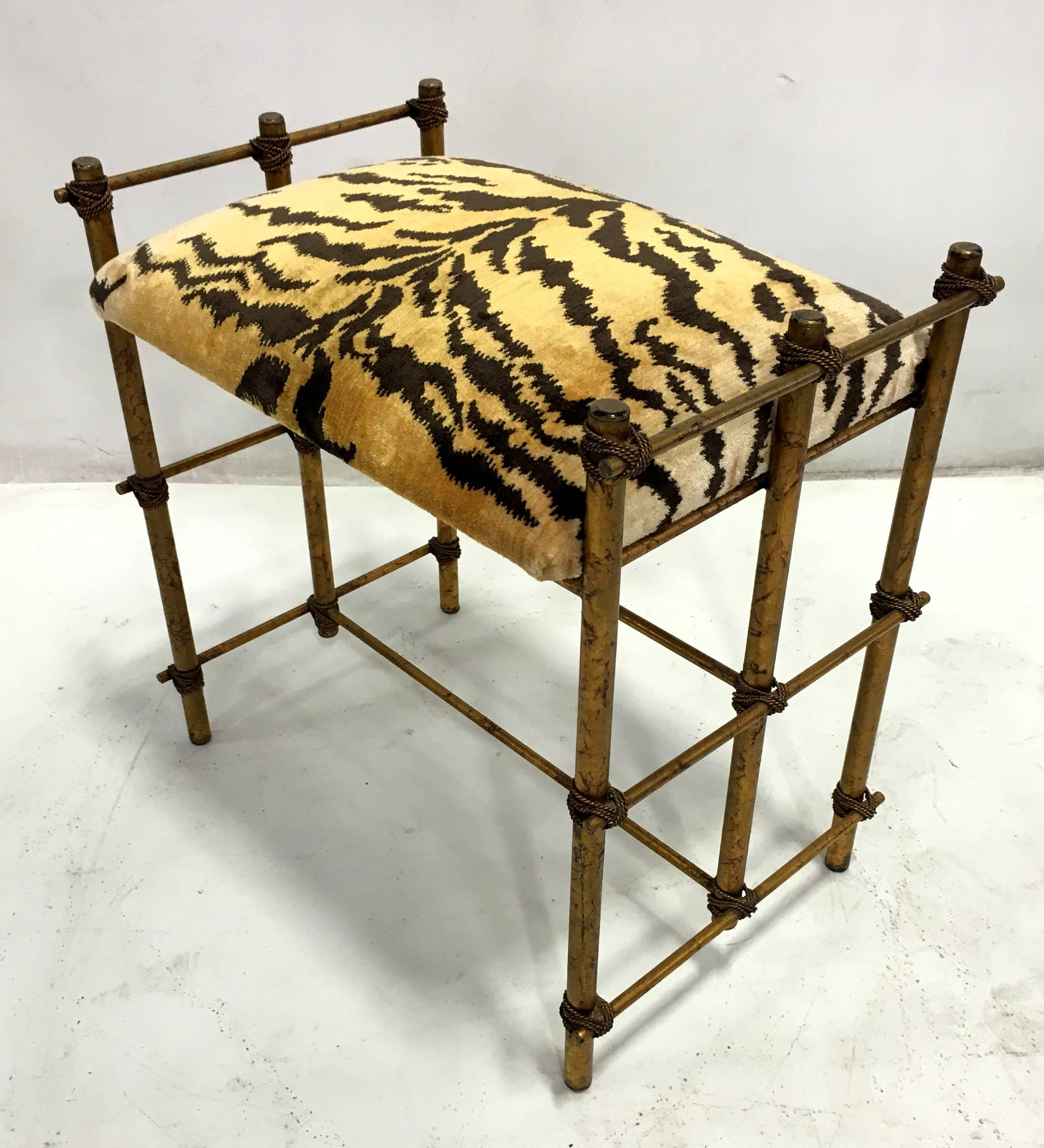 Mid-20th Century Italian Gilt Tole Bench with Scalamandre Le Tigre Cushion