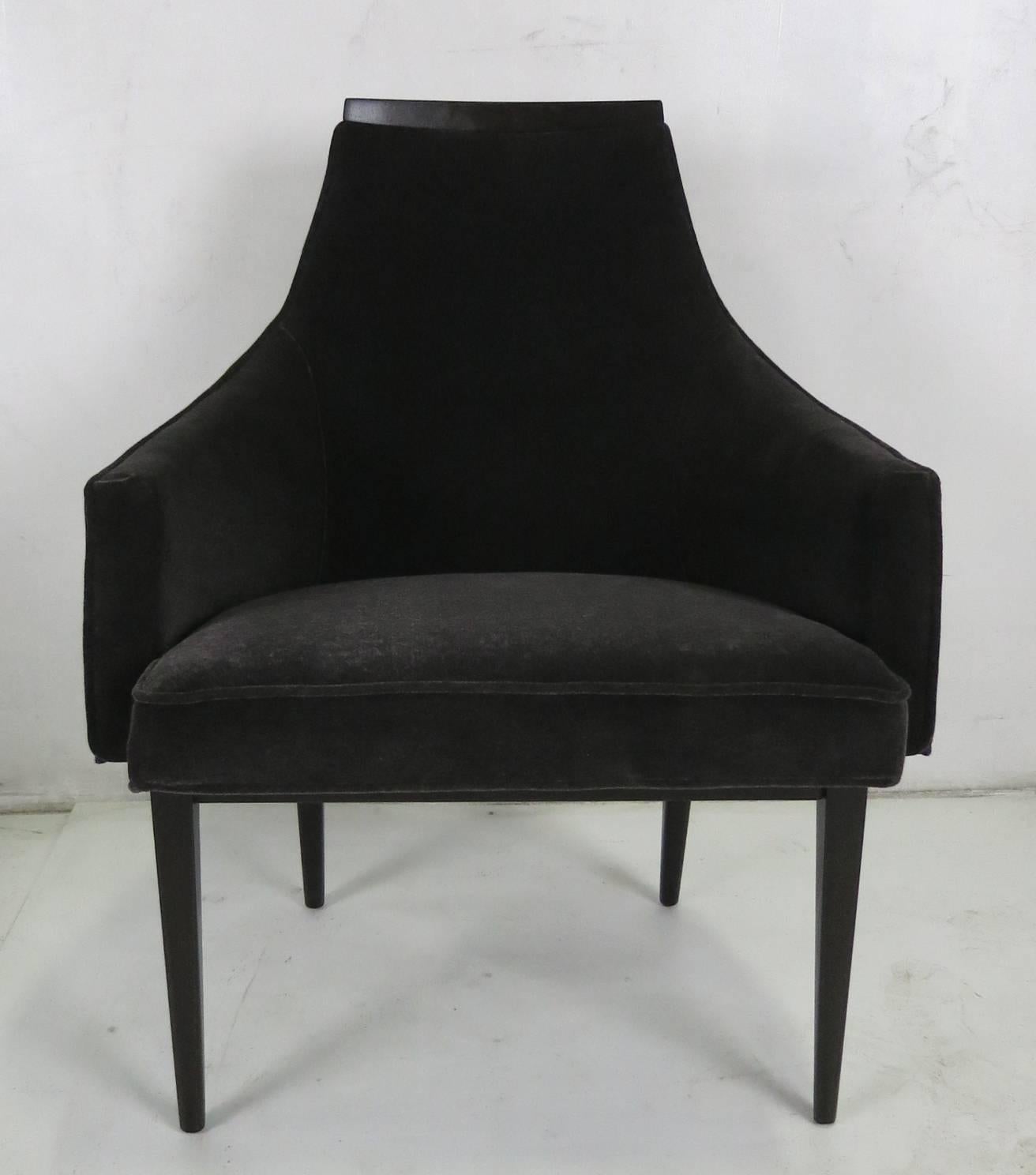 Handsome occasional chair with mahogany frame meticulously refinished in dark brown lacquer and upholstered in luxurious charcoal grey velvet.  All work done with painstaking quality at our in-house workroom.  