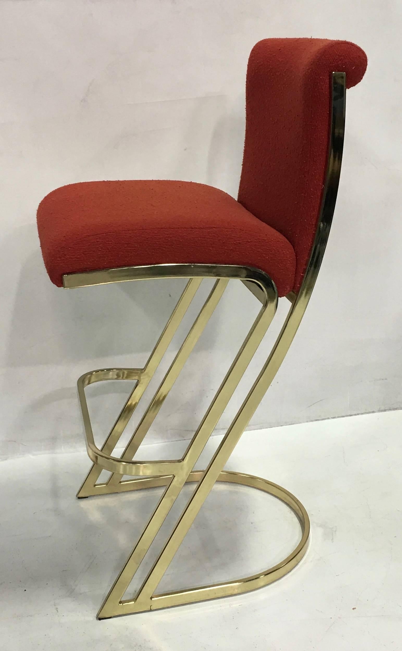Mid-Century Modern Set of Three Brass Bar Stools in the Style of Pierre Cardin