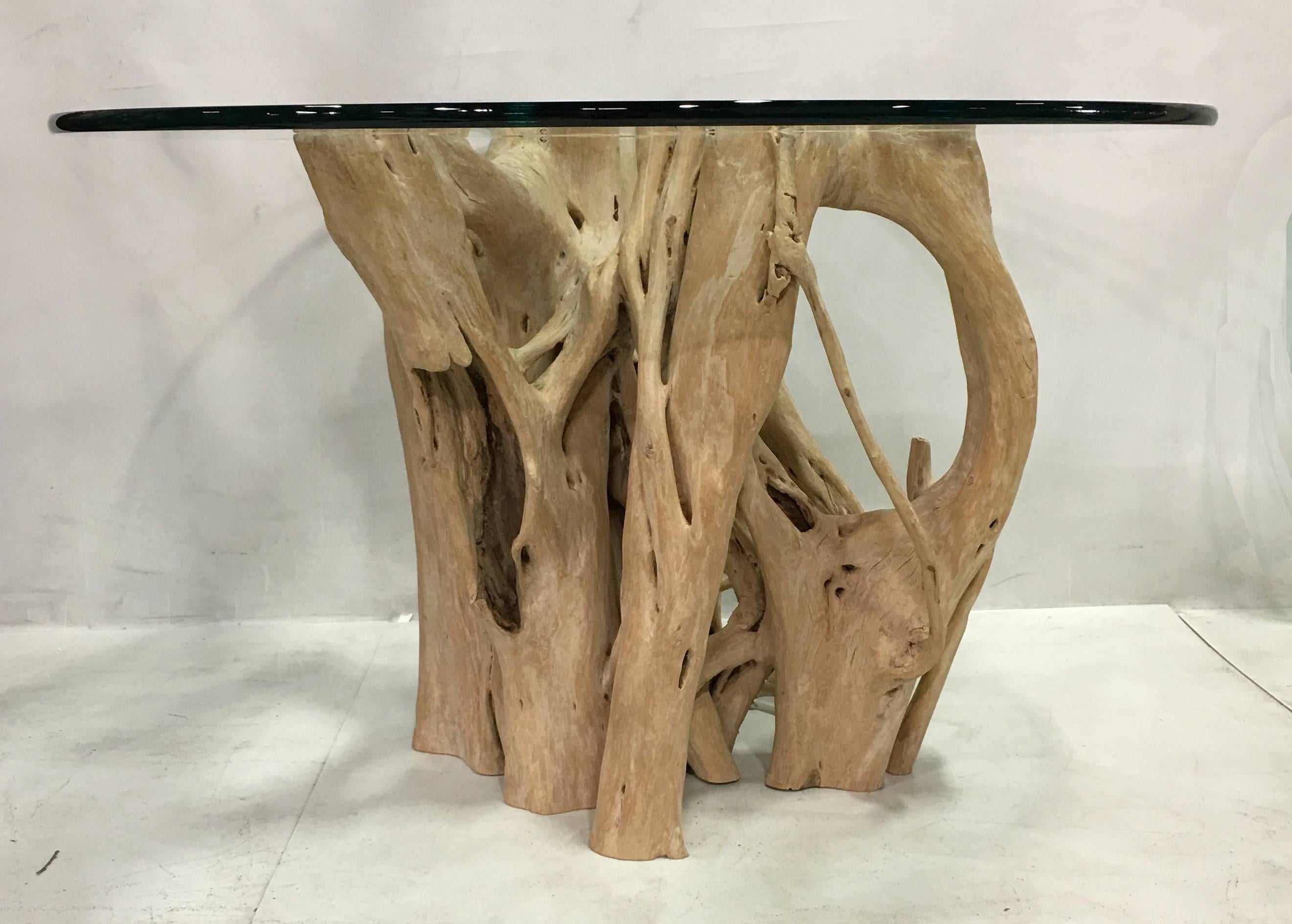 Fantastic sculptural Cypress Trunk Dining Table with thick 3/4" Bullnose edge glass top by Michael Taylor c. 1980s. Being in San Francisco, we've seen several of these over the years but this is, by far, the best one we've come across. The