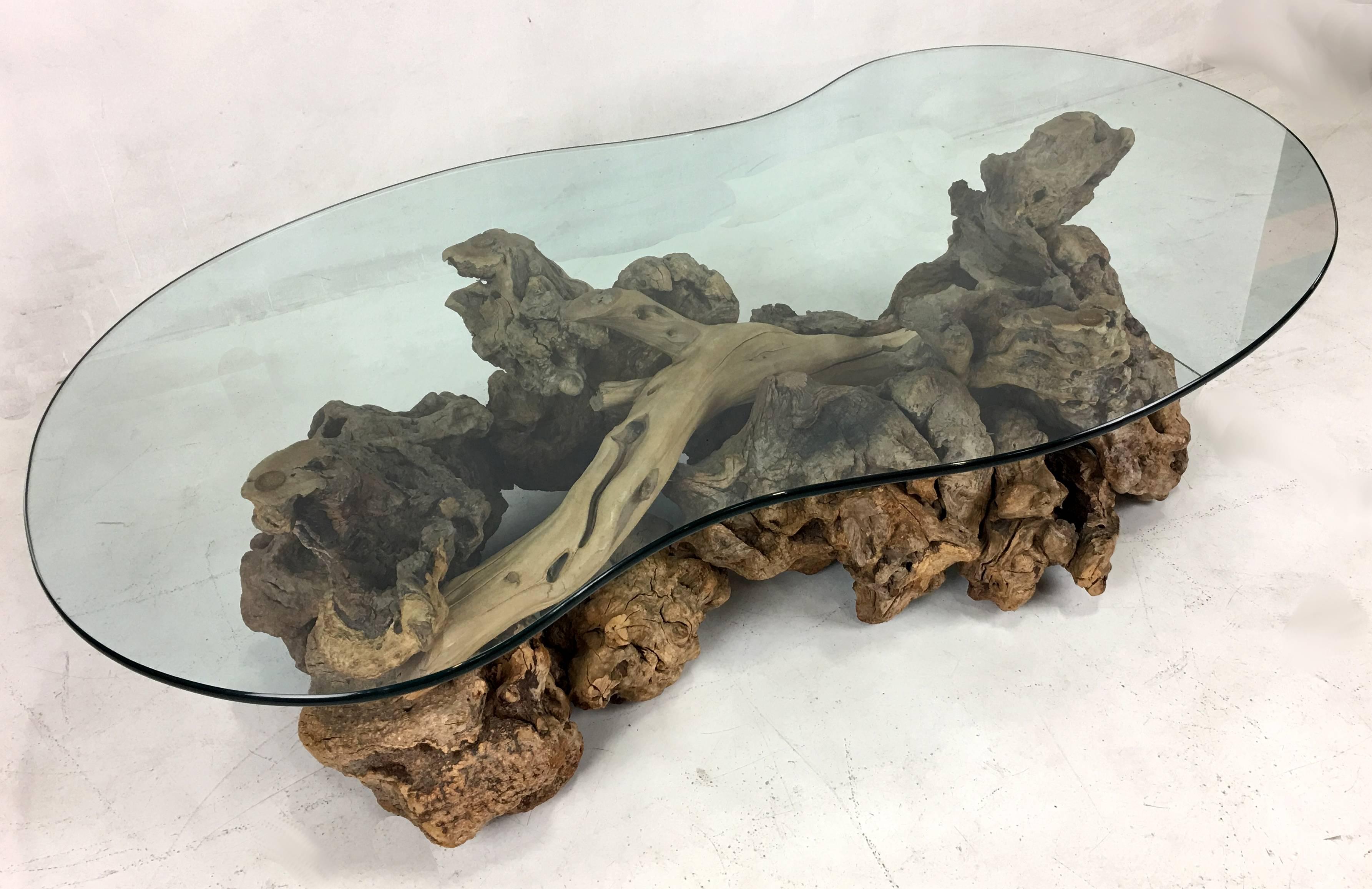 driftwood and glass coffee table