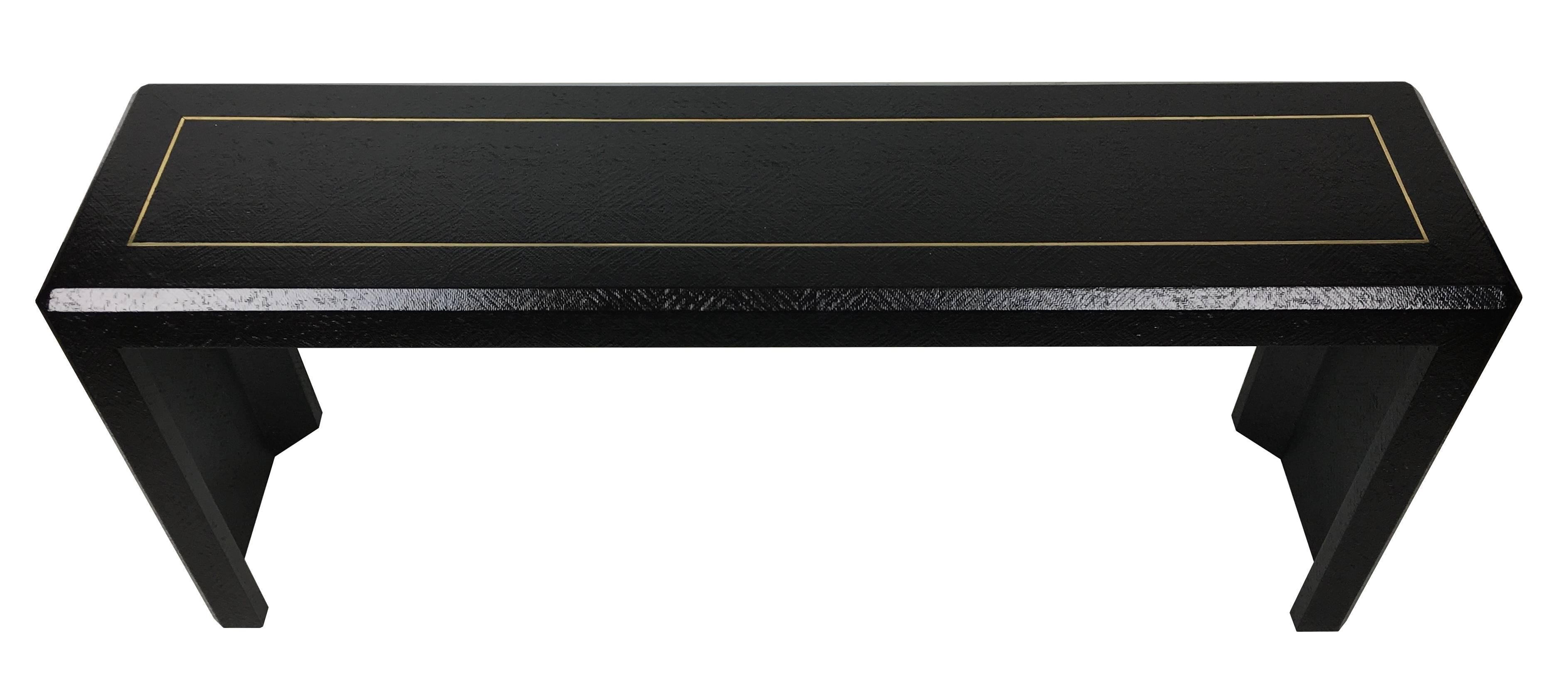 American Handsome Black Raffia Console with Inset Brass Trim