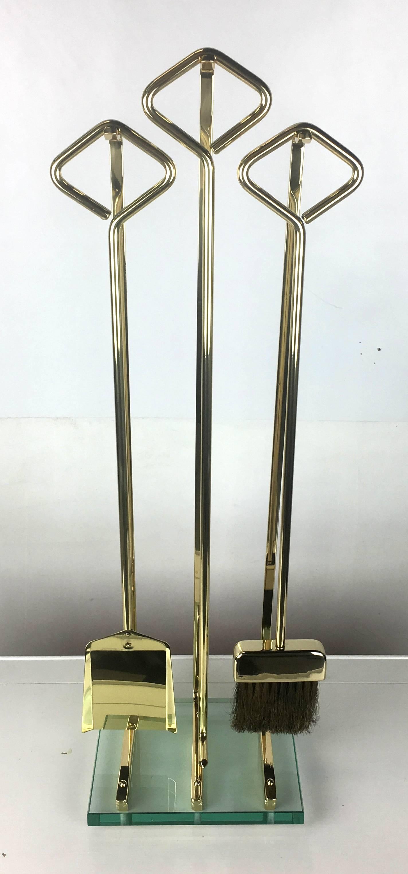 Fine Italian Modernist Brass and Glass Fireplace Tools In Excellent Condition In Danville, CA