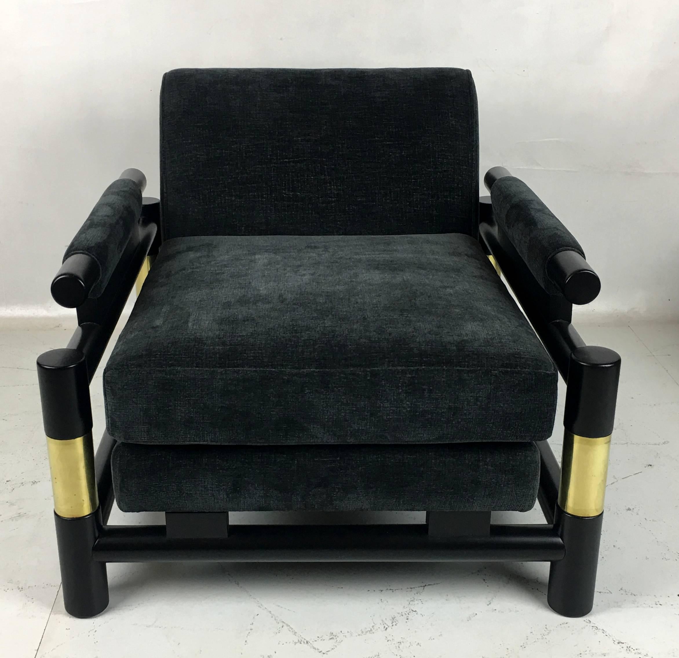Ebonized Pair of Brass Trimmed Lounge Chairs
