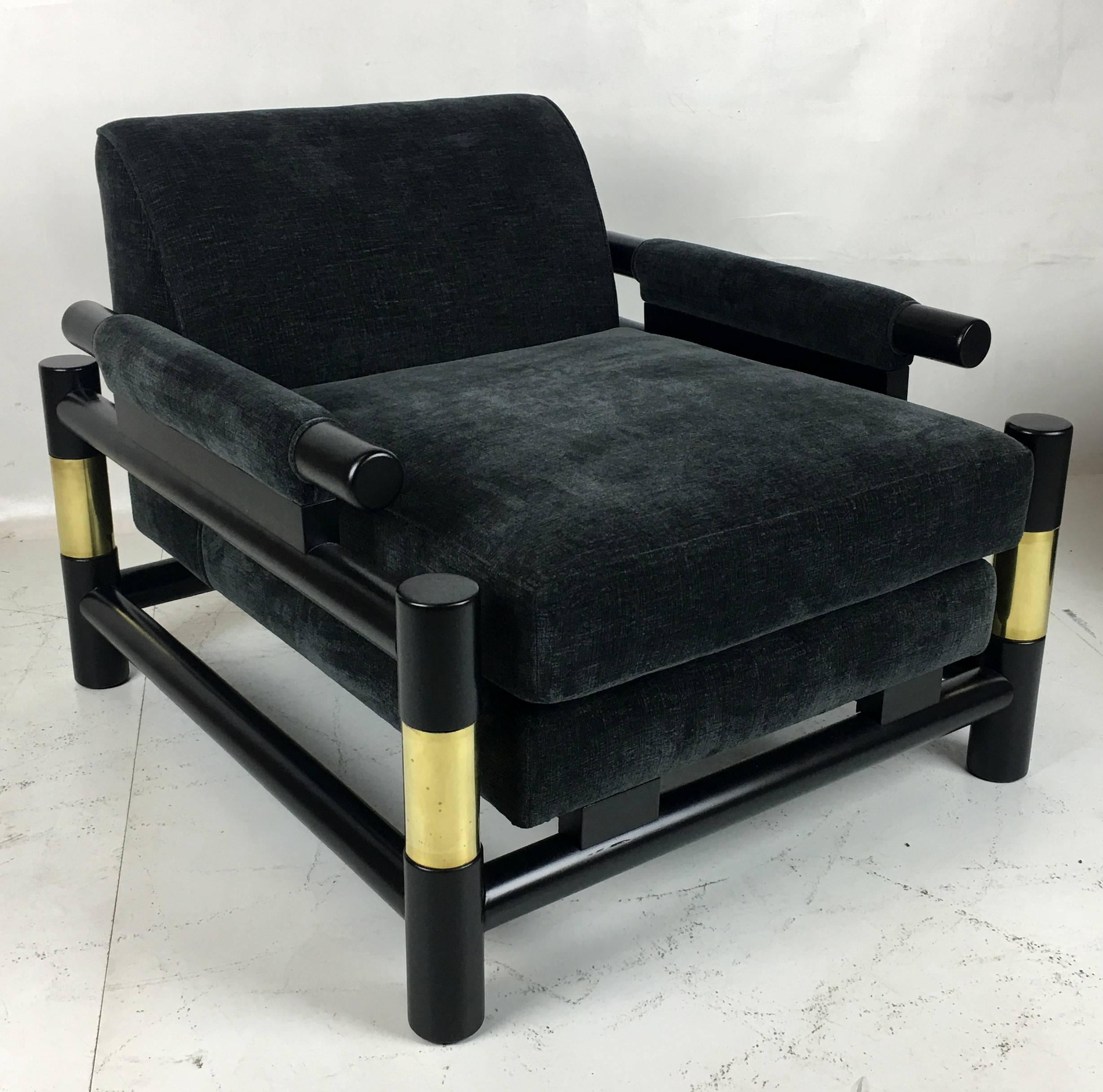 Mid-Century Modern Pair of Brass Trimmed Lounge Chairs