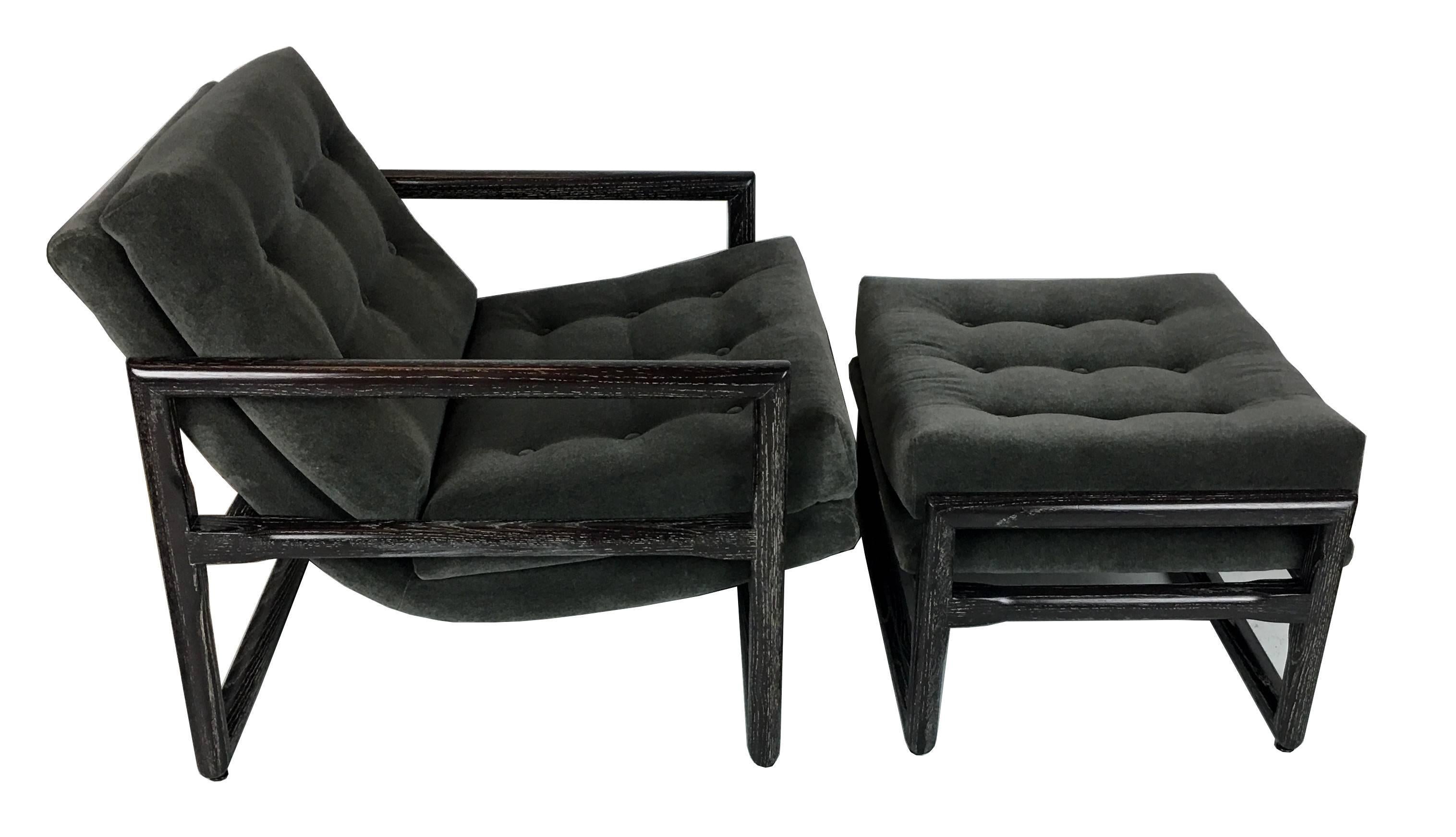 Exposed cerused oak frame Scoop chair and ottoman freshly reupholstered in luxurious heavyweight velvet. The frame has been meticulously refinished in dark brown with antiqued ceruse grain.  We refinish all of our pieces at our in-house facility