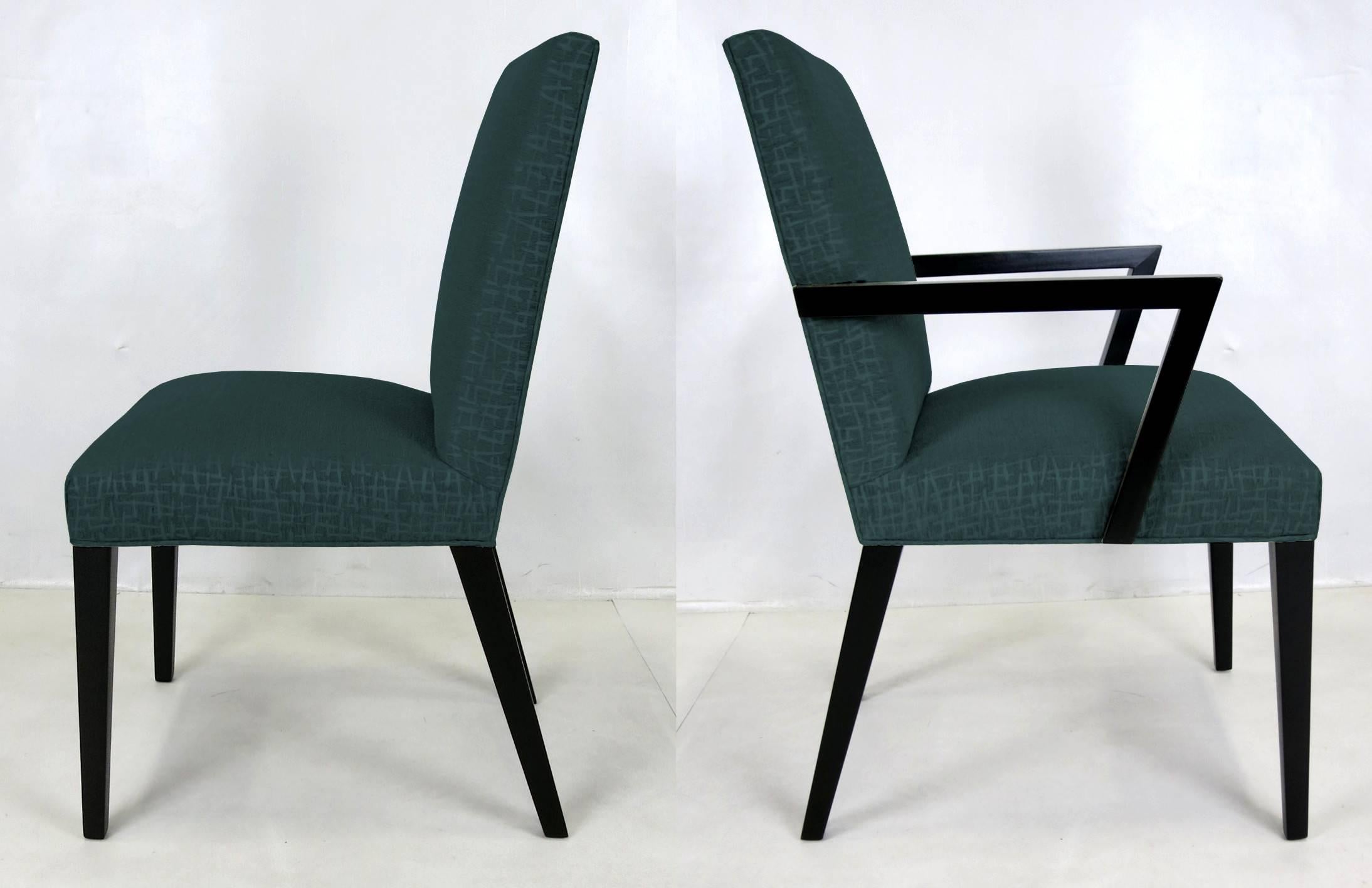 Set of Eight Dining Chairs from the Modern Originals collection by T.H. Robsjohn-Gibbings for Widdicomb.  The set has been completely restored from the ground up;  glued, refinished, reupholstered.  

Dimensions-

Sides- 20 x 22 x 36,