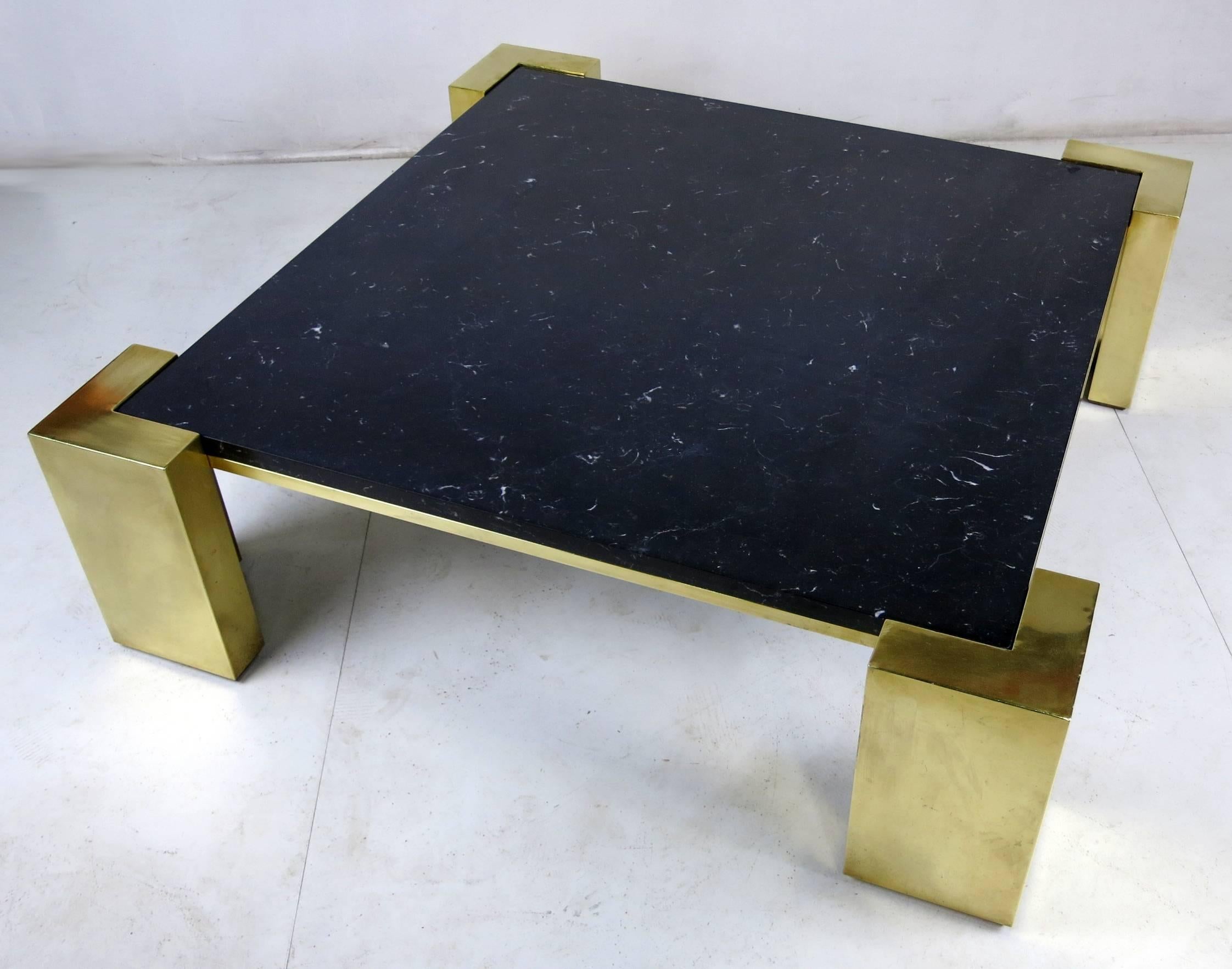 Monumental Italian Modernist Brass Coffee Table with Inset Marble Top  In Excellent Condition In Danville, CA