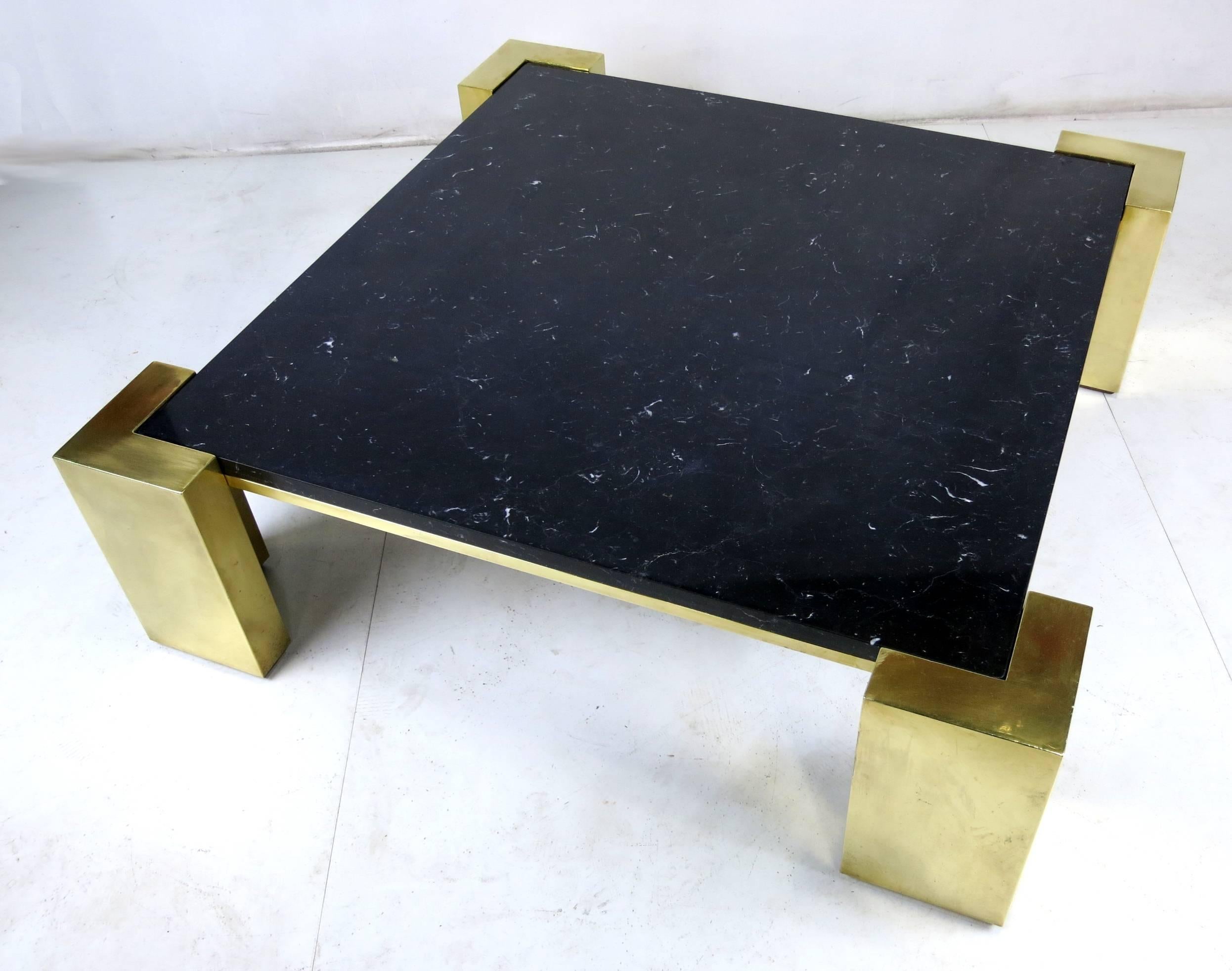 Late 20th Century Monumental Italian Modernist Brass Coffee Table with Inset Marble Top 