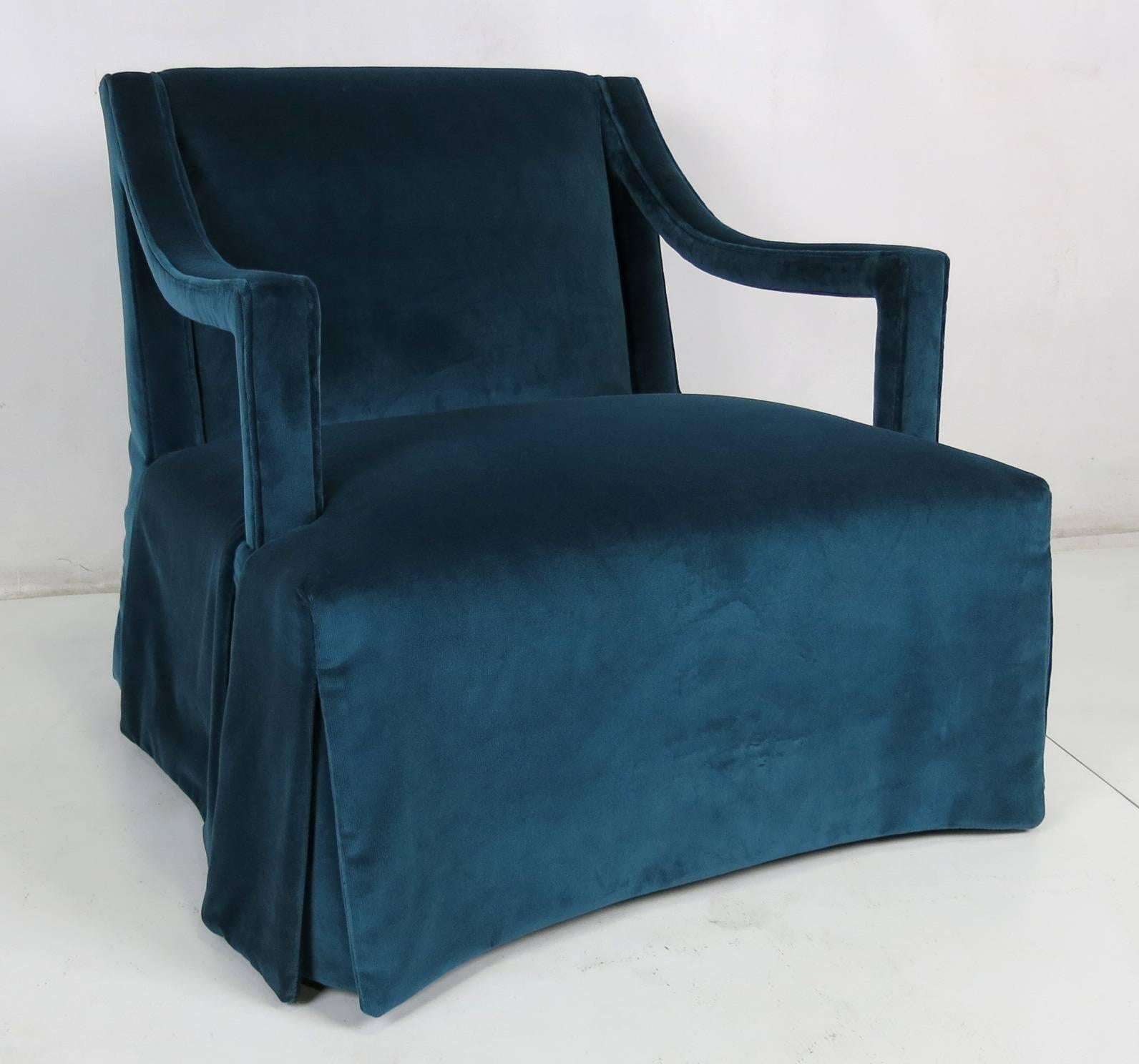 Mid-20th Century Pair of Open-Arm Skirted Lounge Chairs