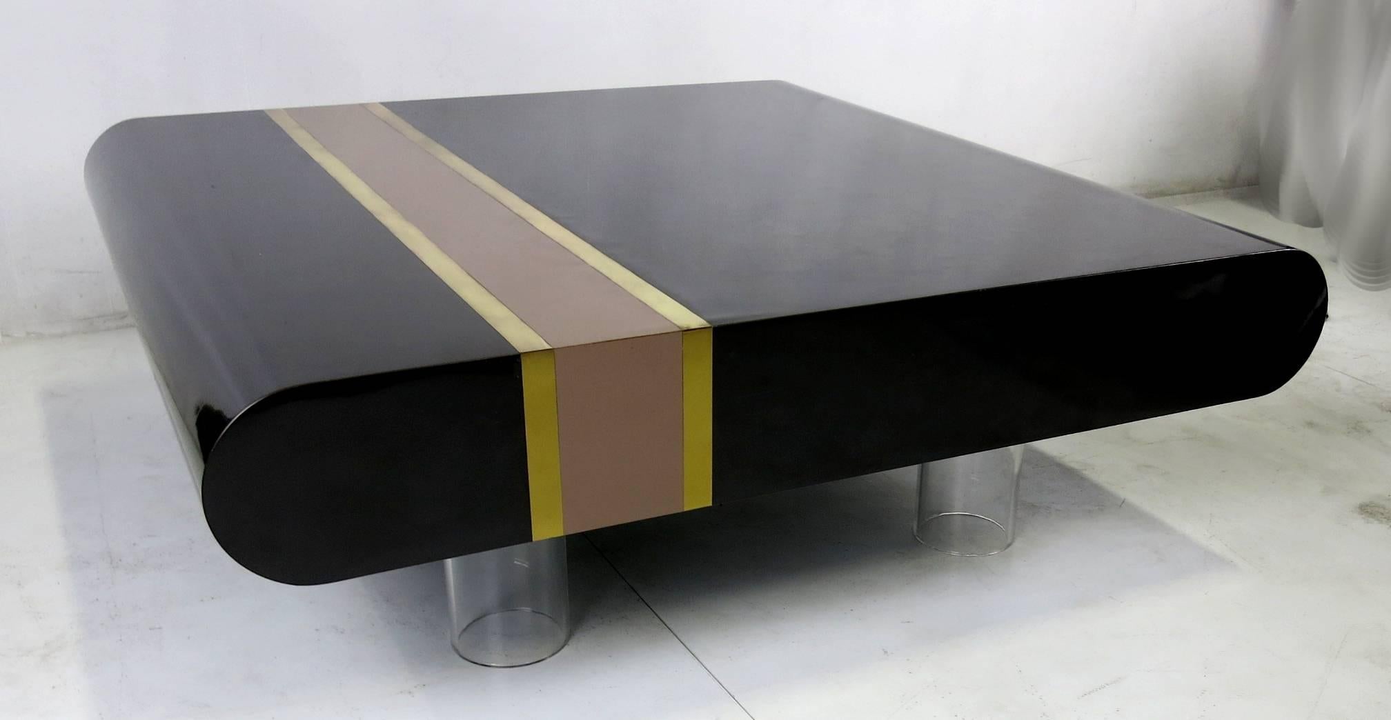 Super cool 1970s Pierre Cardin style cocktail table with bullnose ends and inset brass and laminate 