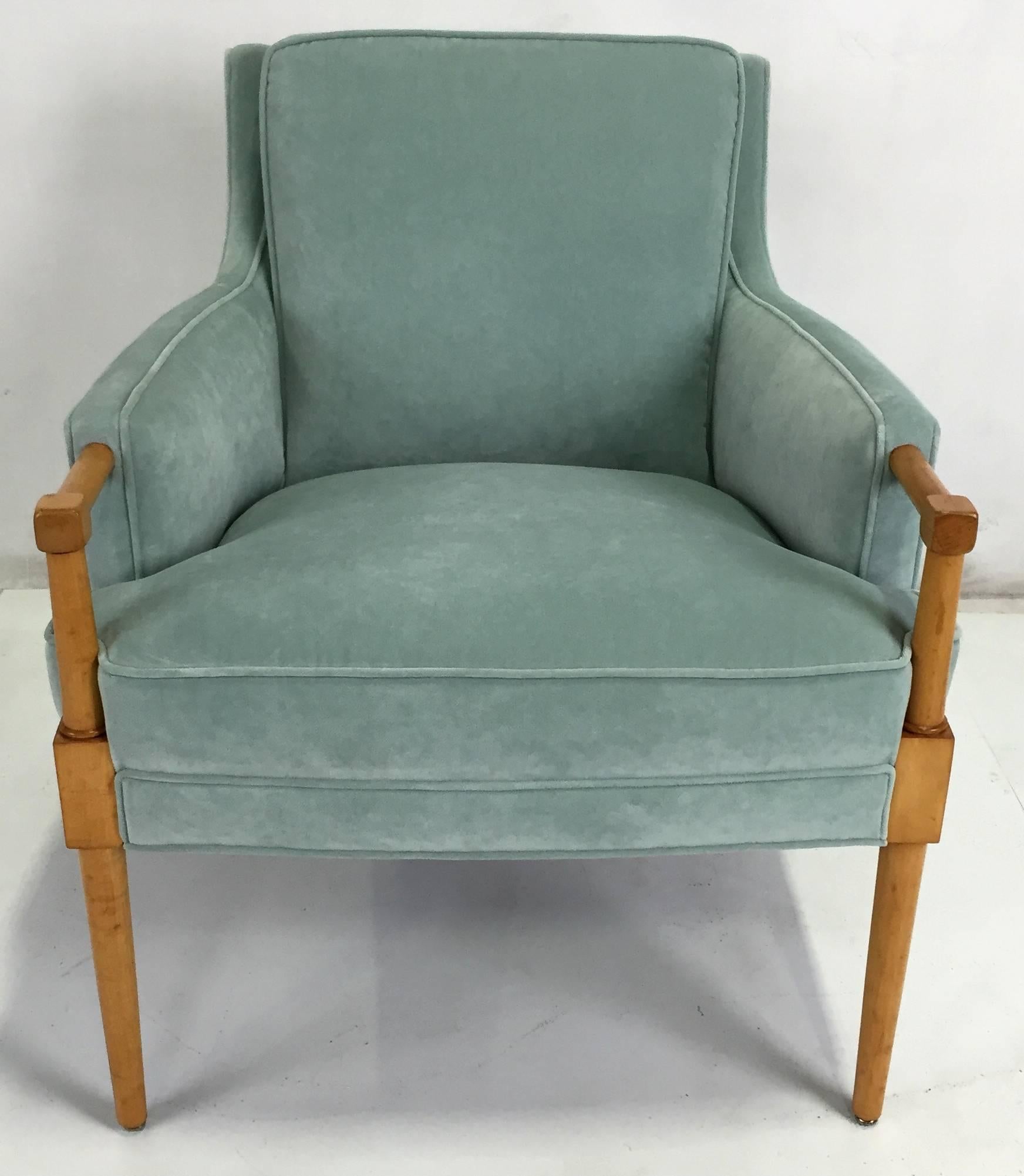 Luxe pair of lounge chairs with exposed hardwood arms and knee brackets. The pair have been meticulously restored and reupholstered in luxurious heavy weight Designer Light Teal velvet. 
Dimensions
26 x 30 x 30h
Seat height- 17"
