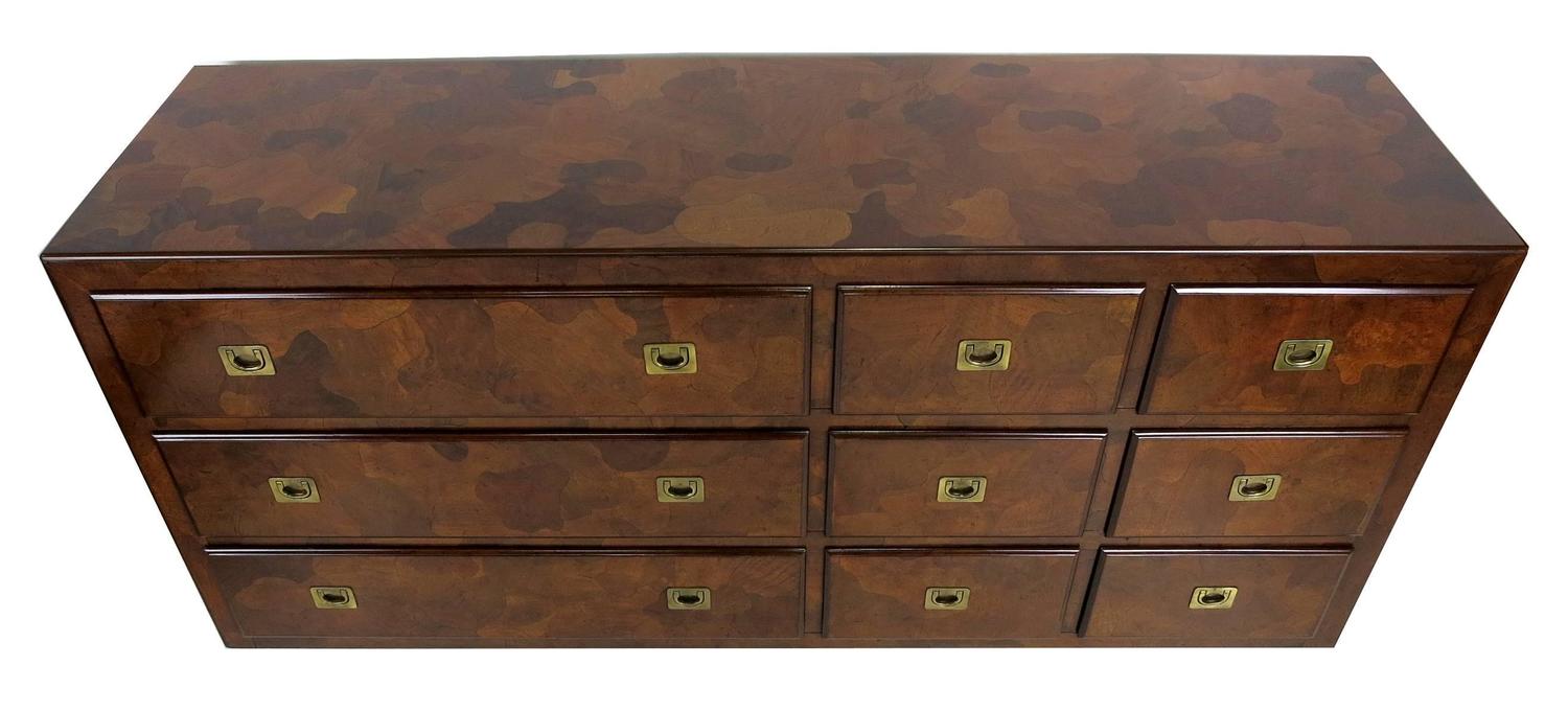 Oyster Burl Dresser with Campaign Style Brass Hardware For Sale at 1stdibs
