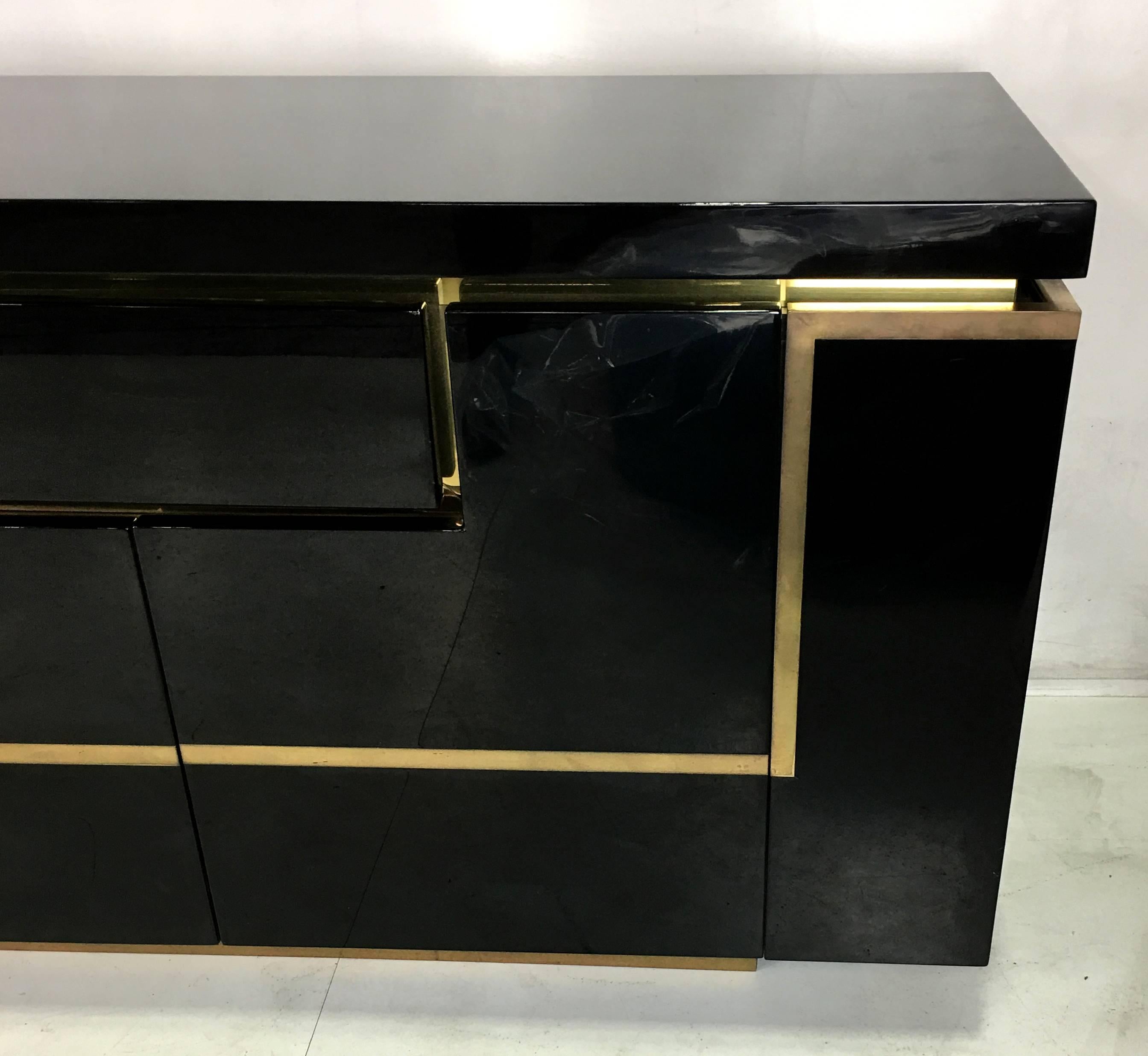 French Lacquer and Brass Sideboard by Jean-Claude Mahey