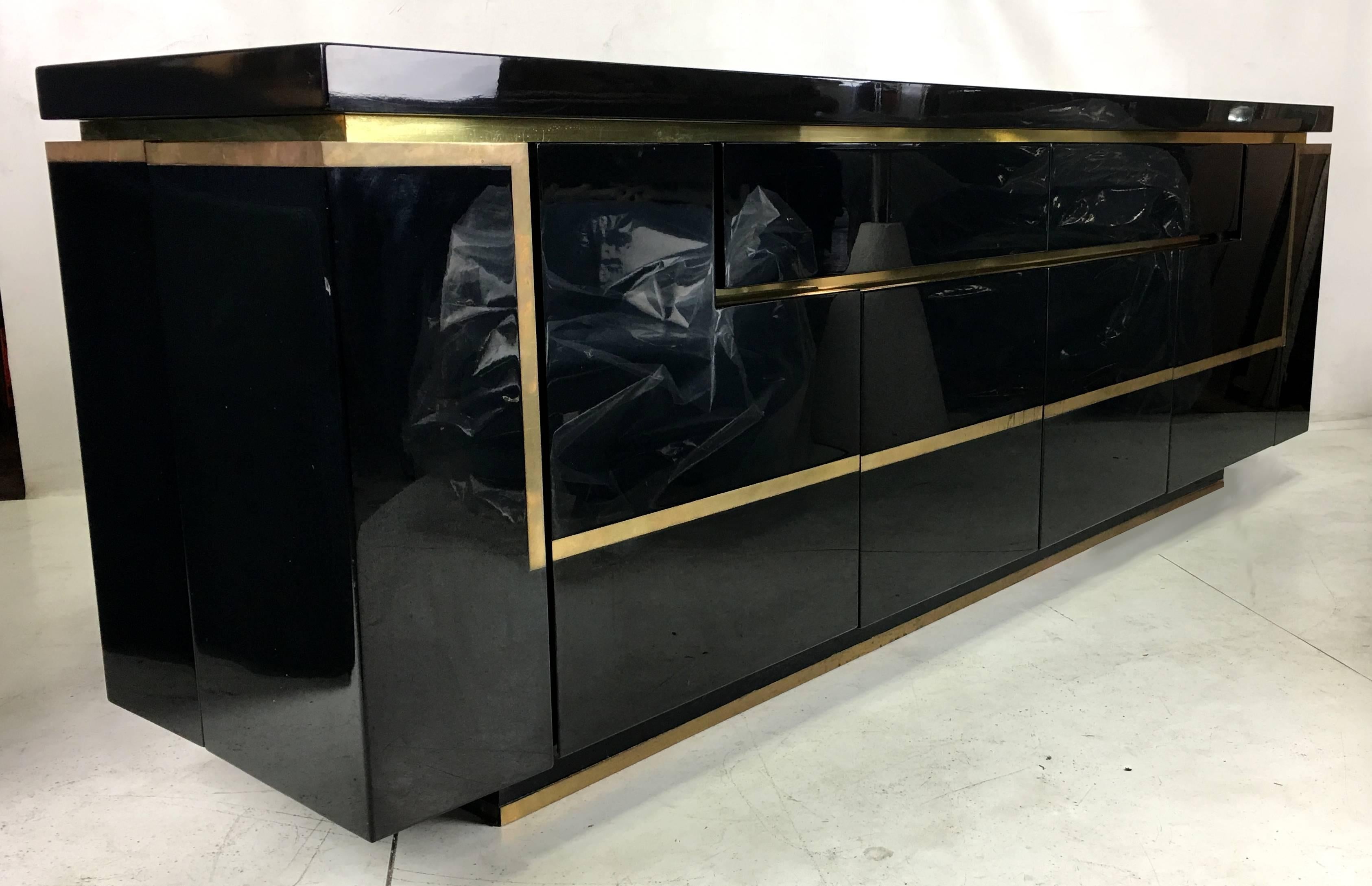 Modern Lacquer and Brass Sideboard by Jean-Claude Mahey