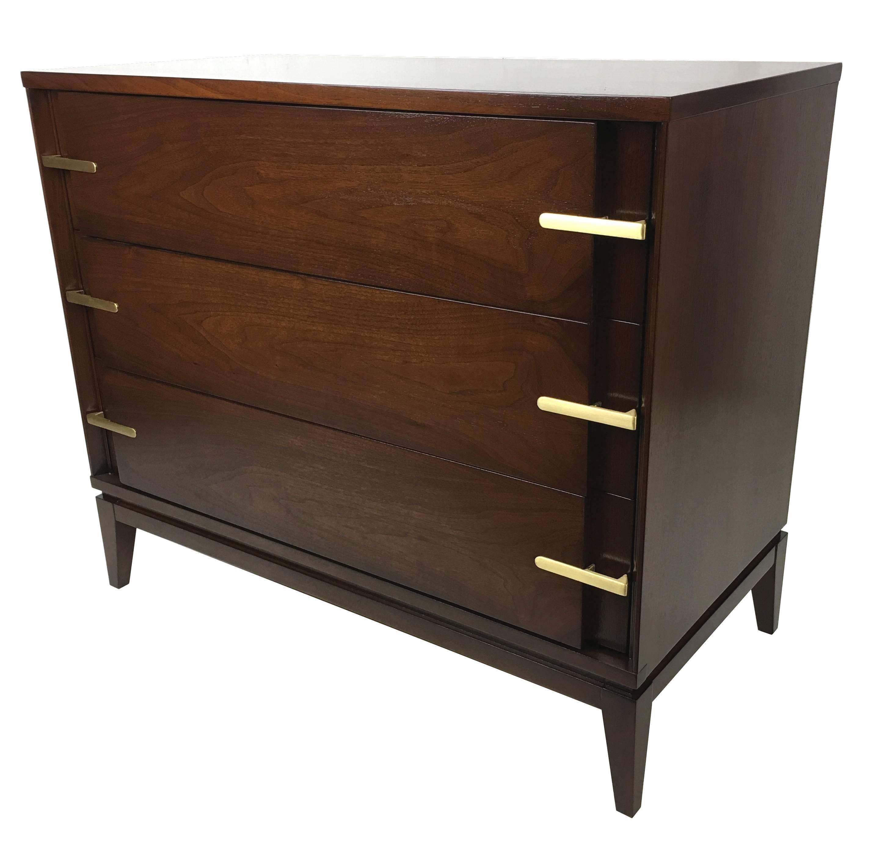 Mid-Century Modern Fantastic Pair of Walnut Bachelors Chests with Brass Hardware