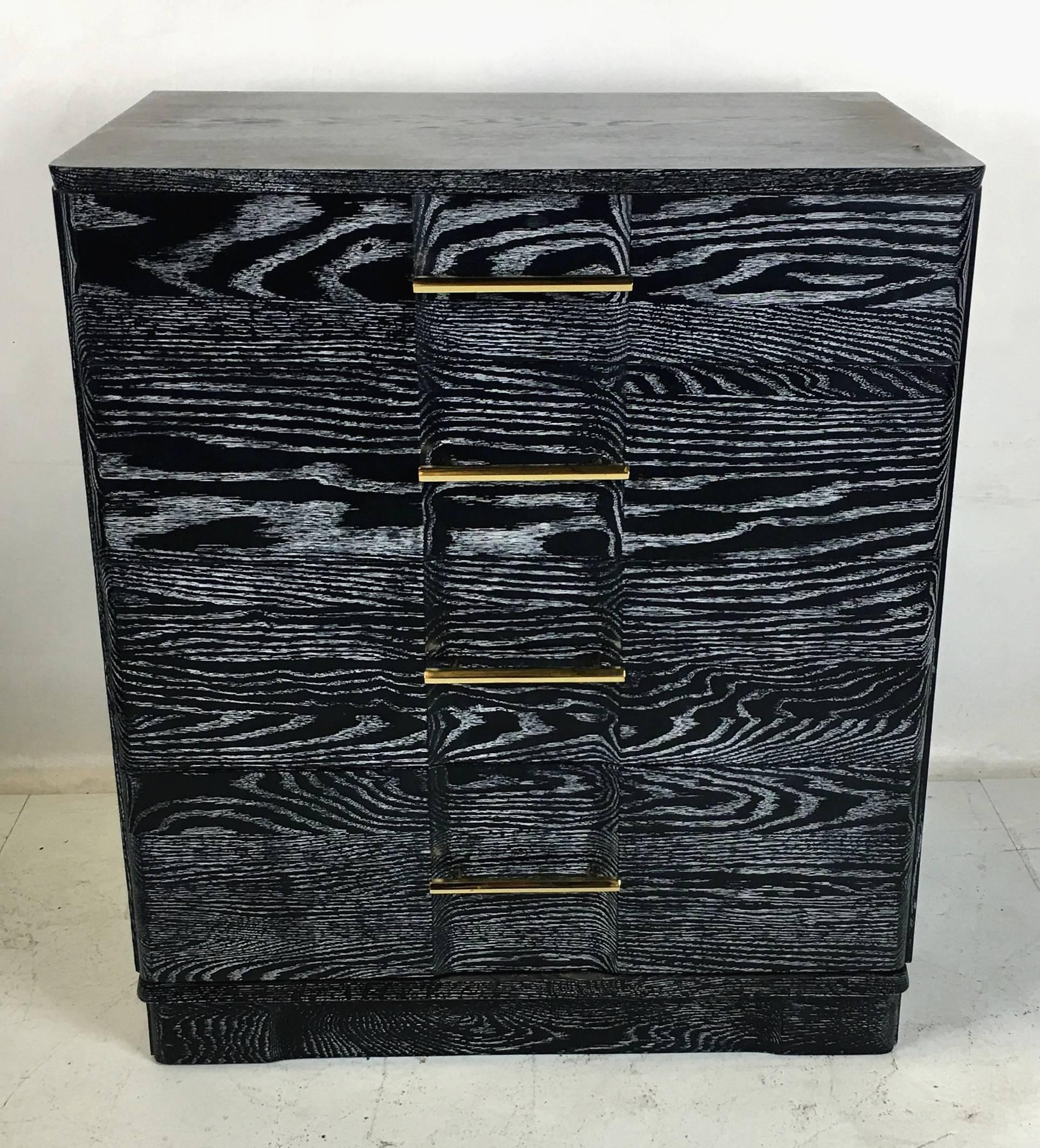 Pair of Ebonized Cerused Oak Bachelors Chests with Brass Hardware In Excellent Condition In Danville, CA