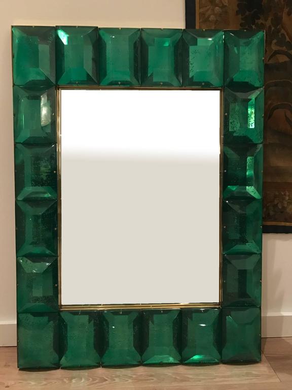 Customizable Faceted Murano Glass Mirror In Emerald Green
