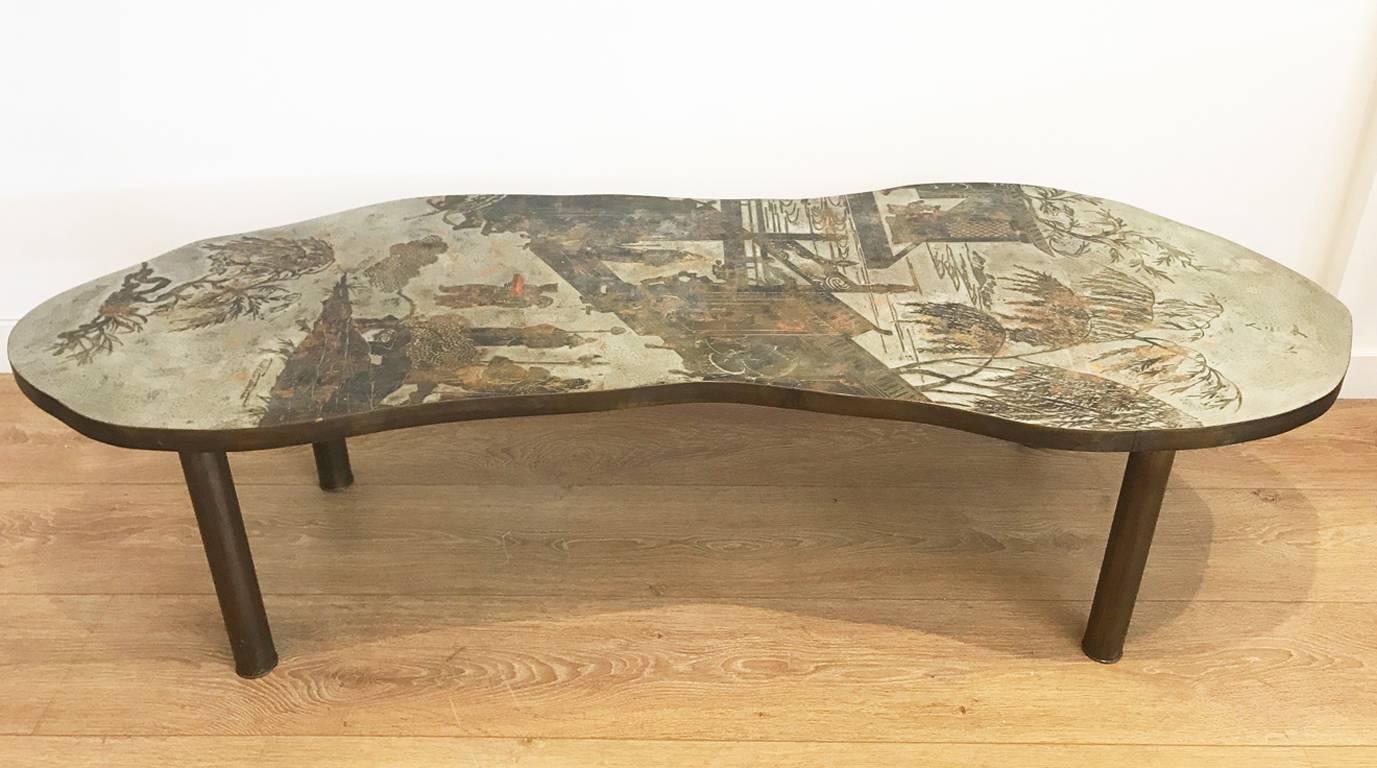  Free-form chinoiserie scene coffee table by Kelvin and Philip Laverne  circa 1960.
Etched, patinated and enameled bronze, pewter
Raised signature.