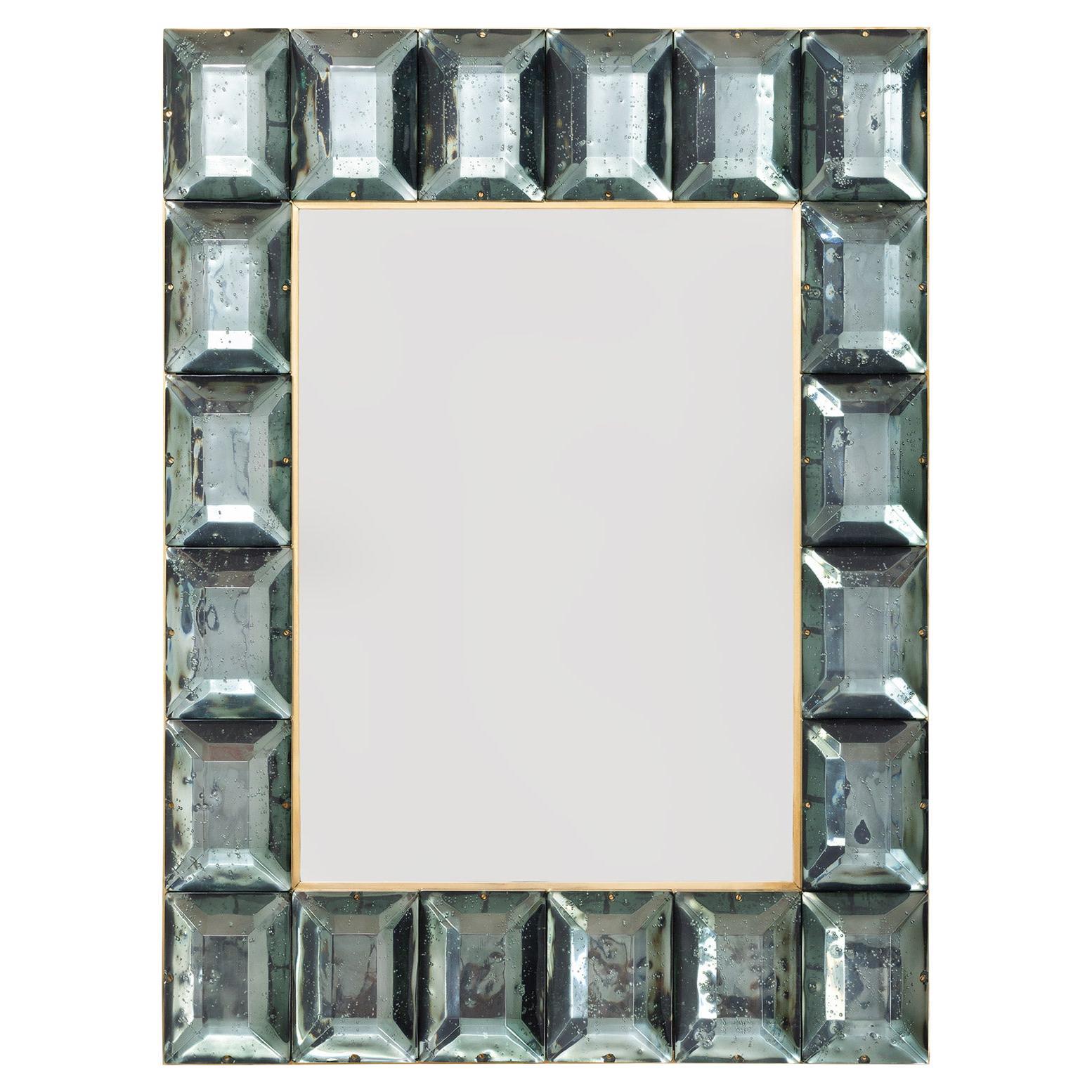 Contemporary Sea Green Diamond Murano Glass Blocks Mirror, In Stock