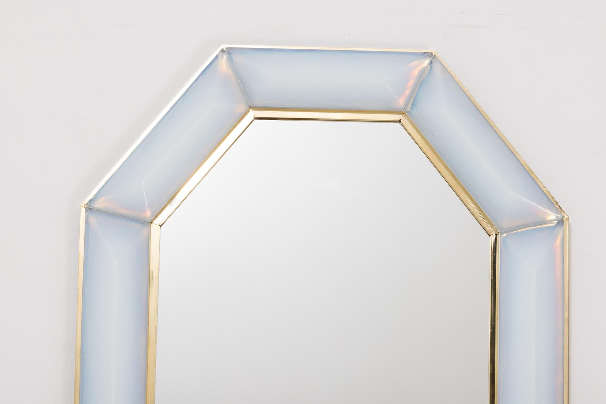 Italian Bespoke Octagon Iridescent Opaline Murano Glass Mirror, in Stock