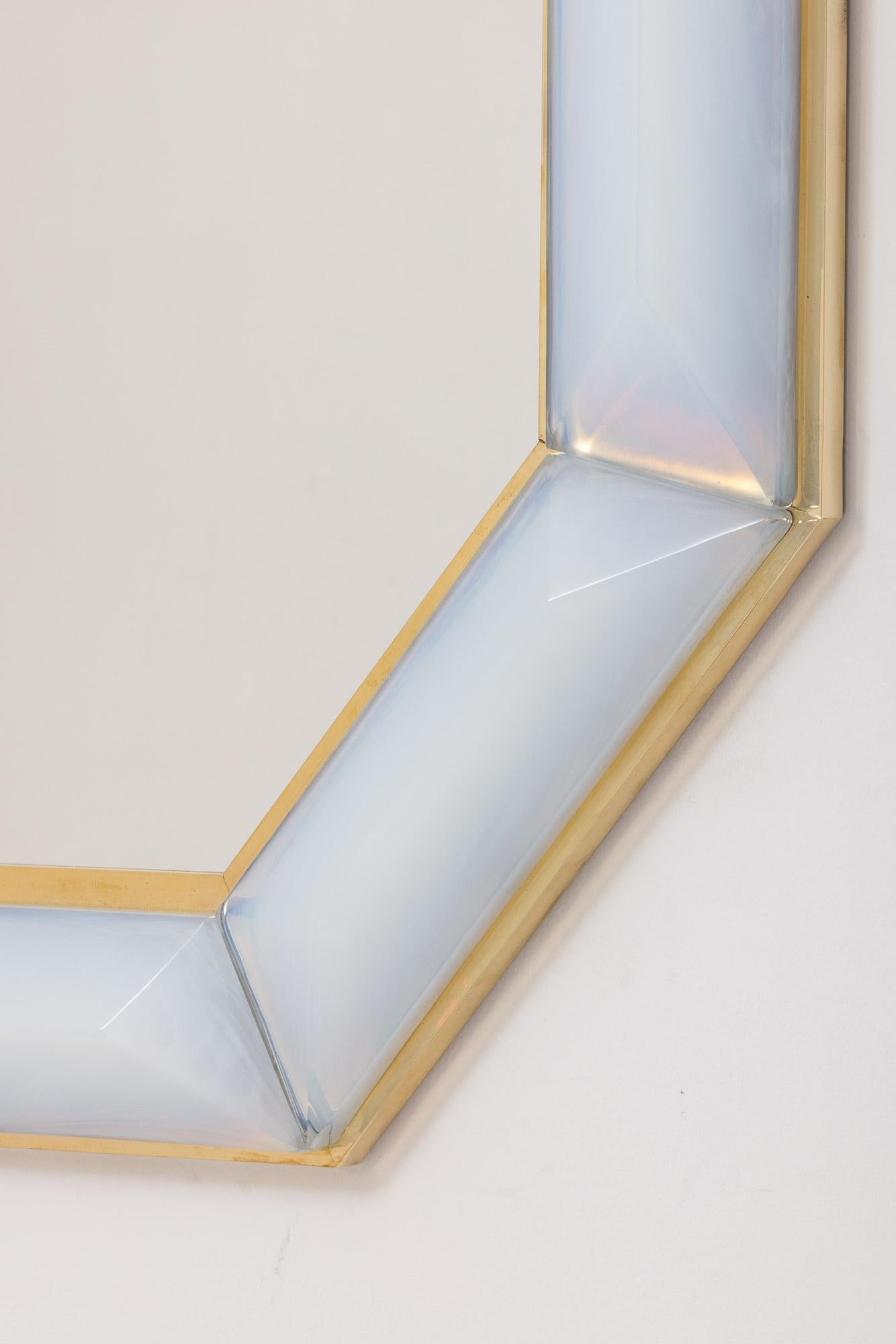 Brass Bespoke Octagon Iridescent Opaline Murano Glass Mirror, in Stock