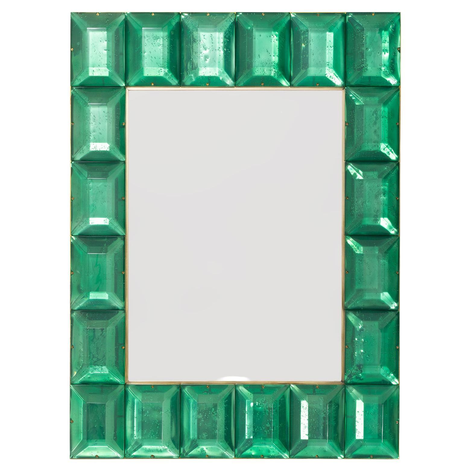 Rectangular Emerald Green Diamond Murano Glass Mirror, in Stock For Sale