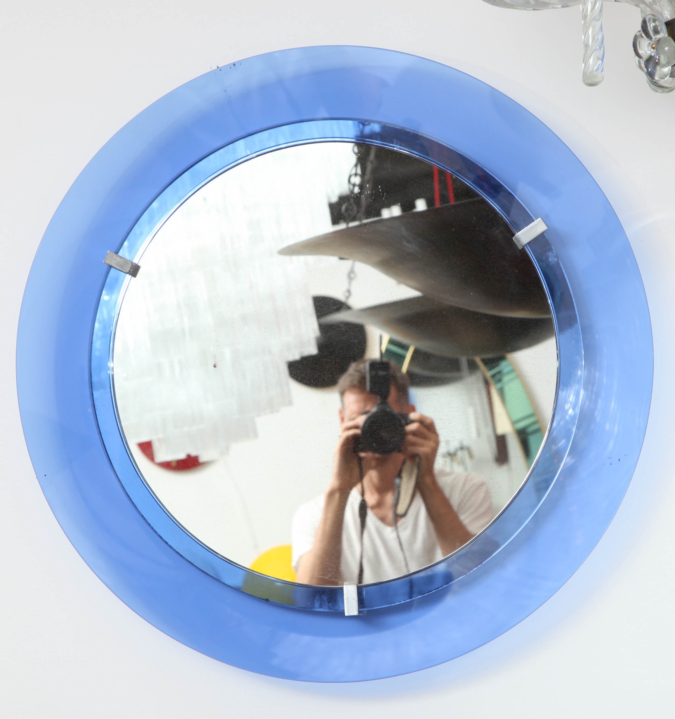  Round Blue Glass Mirror by Cristal Art, Italy 1950