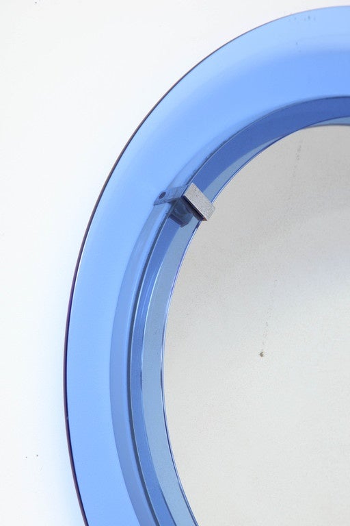 Mid-Century Modern  Round Blue Glass Mirror by Cristal Art, Italy 1950