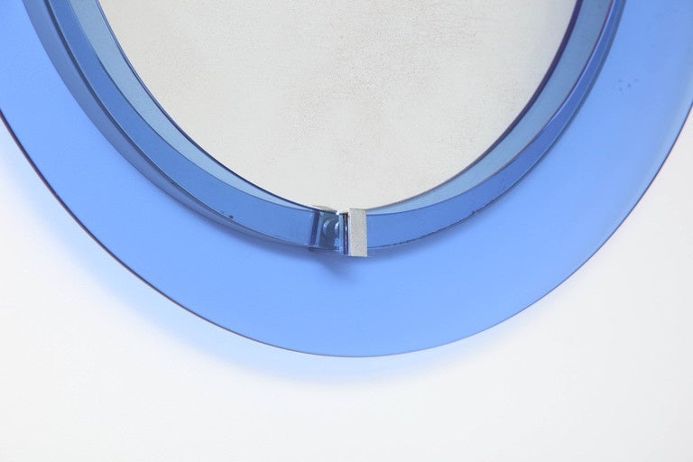 Italian  Round Blue Glass Mirror by Cristal Art, Italy 1950