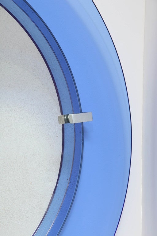 Mid-20th Century  Round Blue Glass Mirror by Cristal Art, Italy 1950