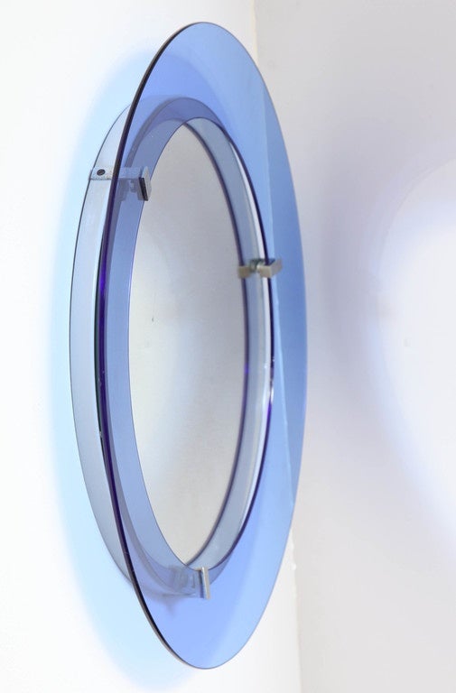  Round Blue Glass Mirror by Cristal Art, Italy 1950 1