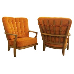Pair of French Mid Century Modern Oak Lounge Chairs by Guillerme et Chambron
