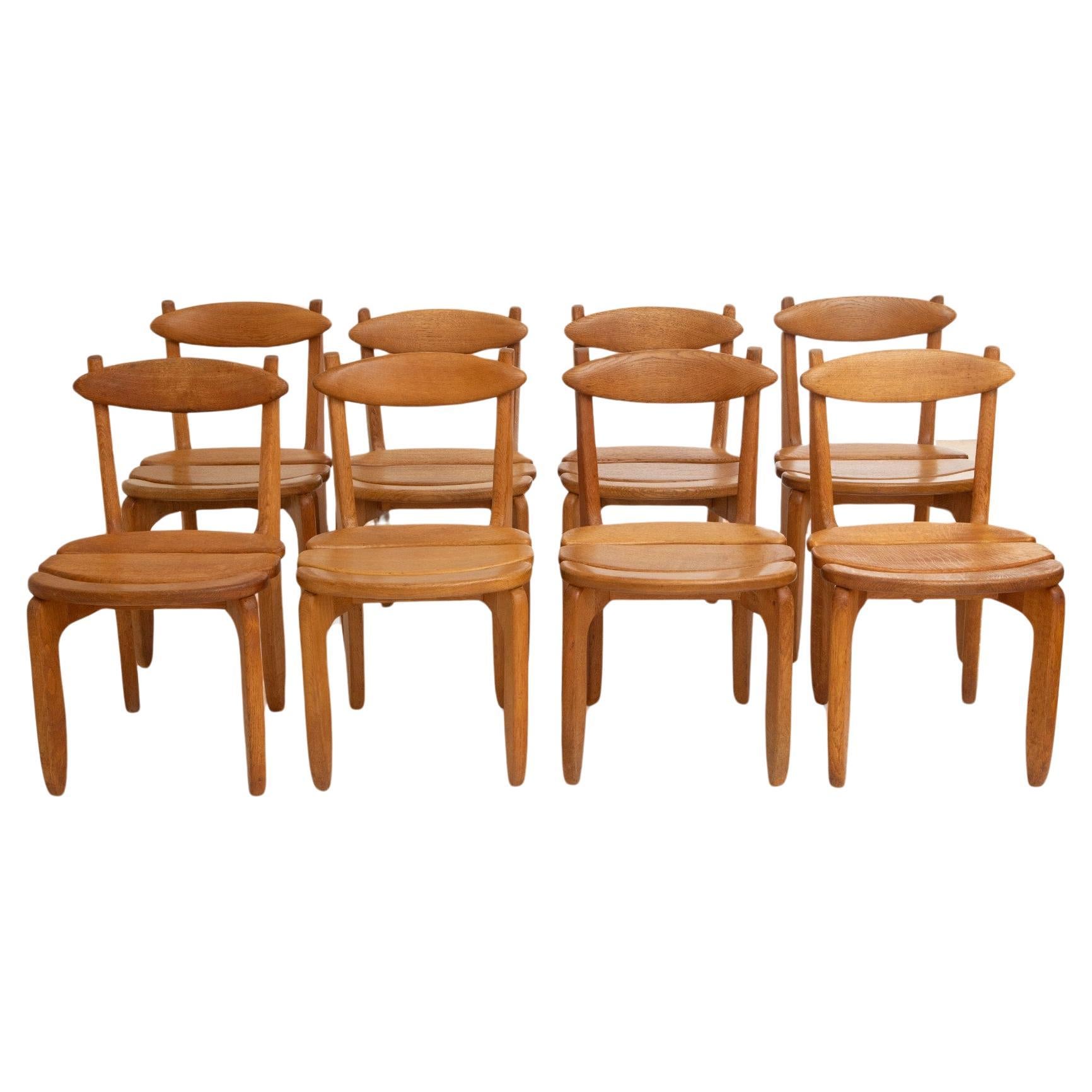 Set of Eight Mid-Century Modern Oak Dining Chairs by Guillerme et Chambron