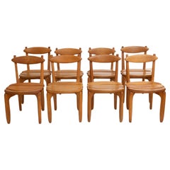 Retro Set of Eight Mid-Century Modern Oak Dining Chairs by Guillerme et Chambron