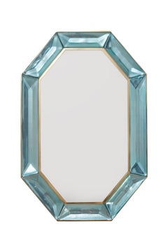 Bespoke Octagonal Tiffany Blue Murano Glass and Brass Mirror, in Stock