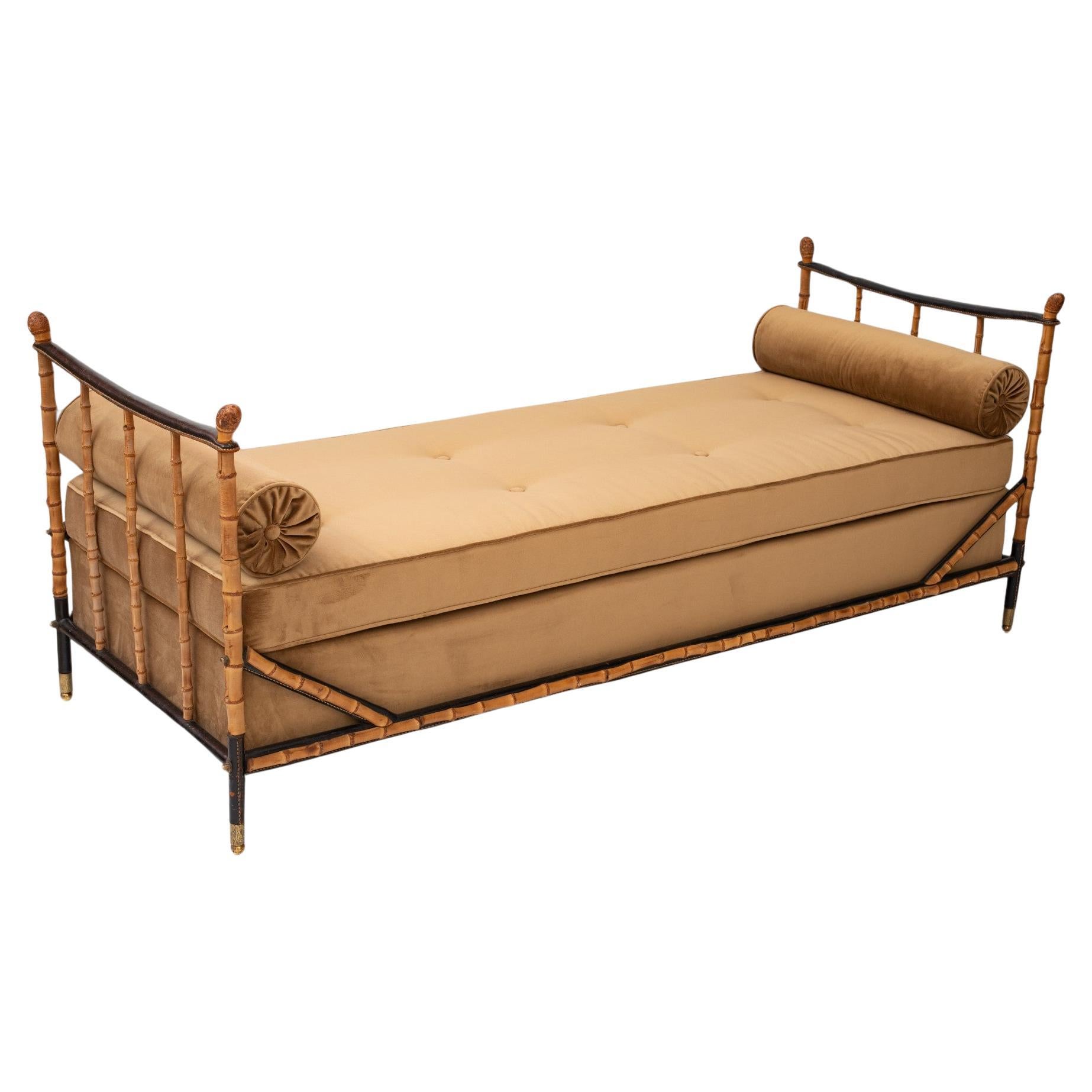 Daybed Bamboo and Black Stitched Leather by Jacques Adnet