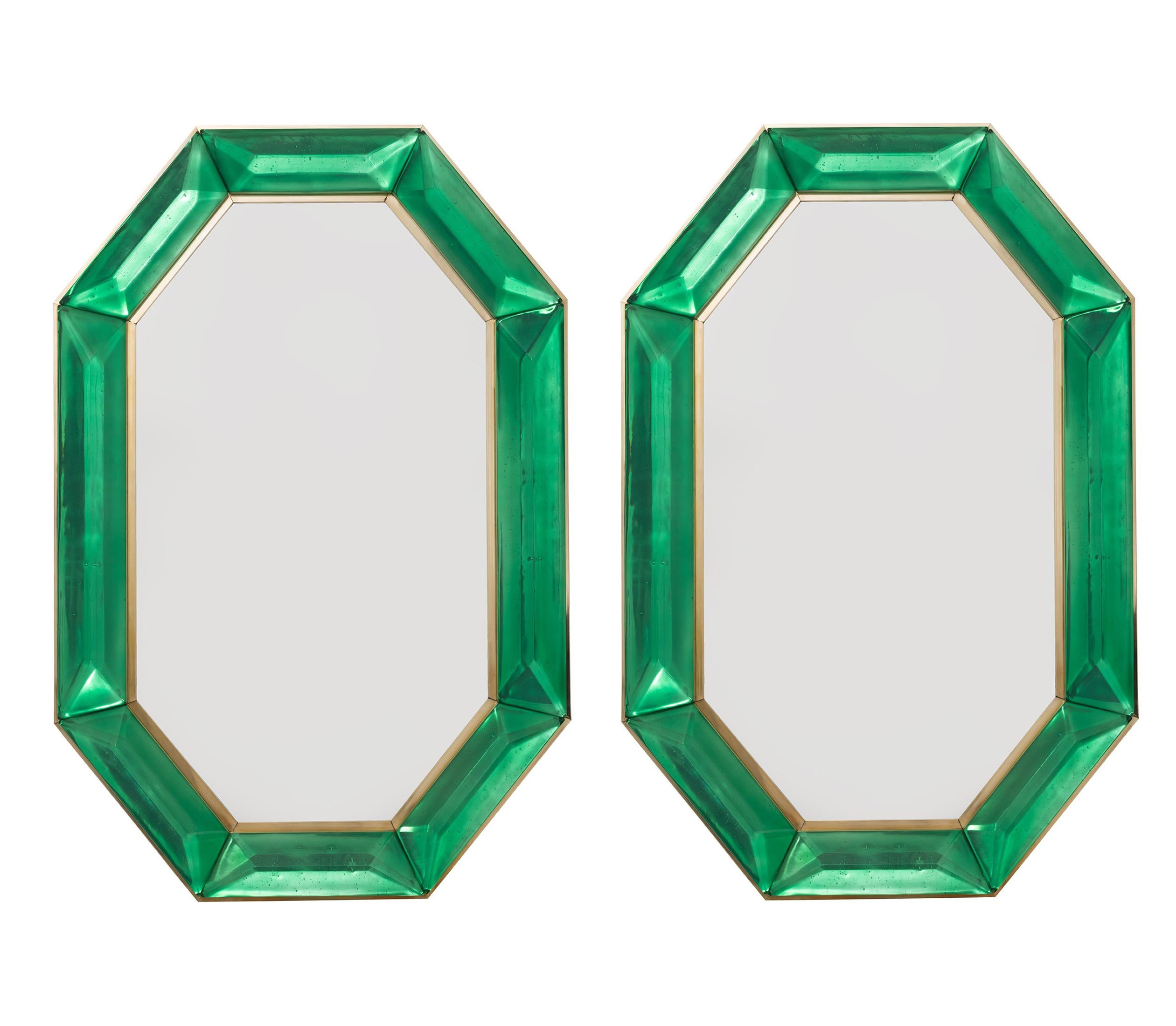 Pair of Emerald Green Octagonal Faceted Murano Glass & Brass Wall Mirrors, Italy