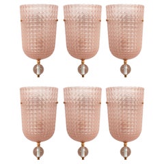 Group of Six Art Deco Style Pink Murano Glass Demi-Lune Wall Lights, in Stock