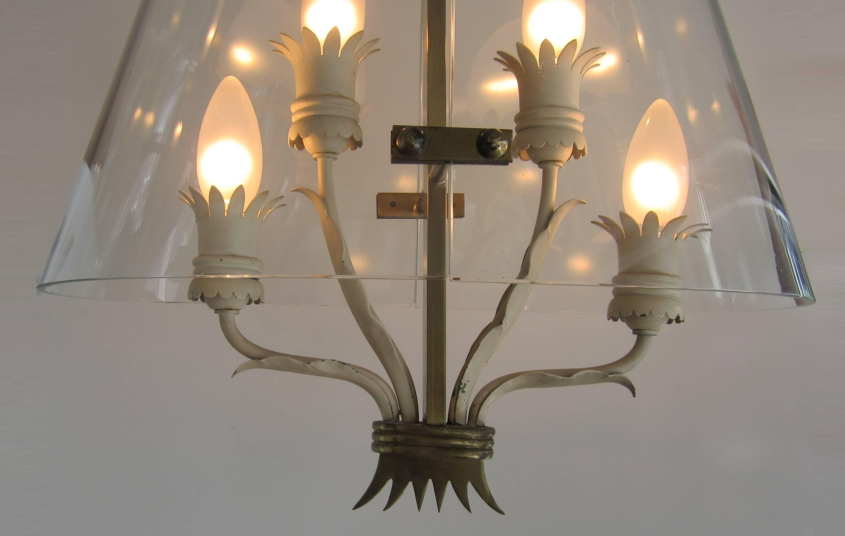 Circa 1950 brass, bent glass and off white enameled metal Italian chandelier attributed to Pietro Chiesa for Fontana Arte.