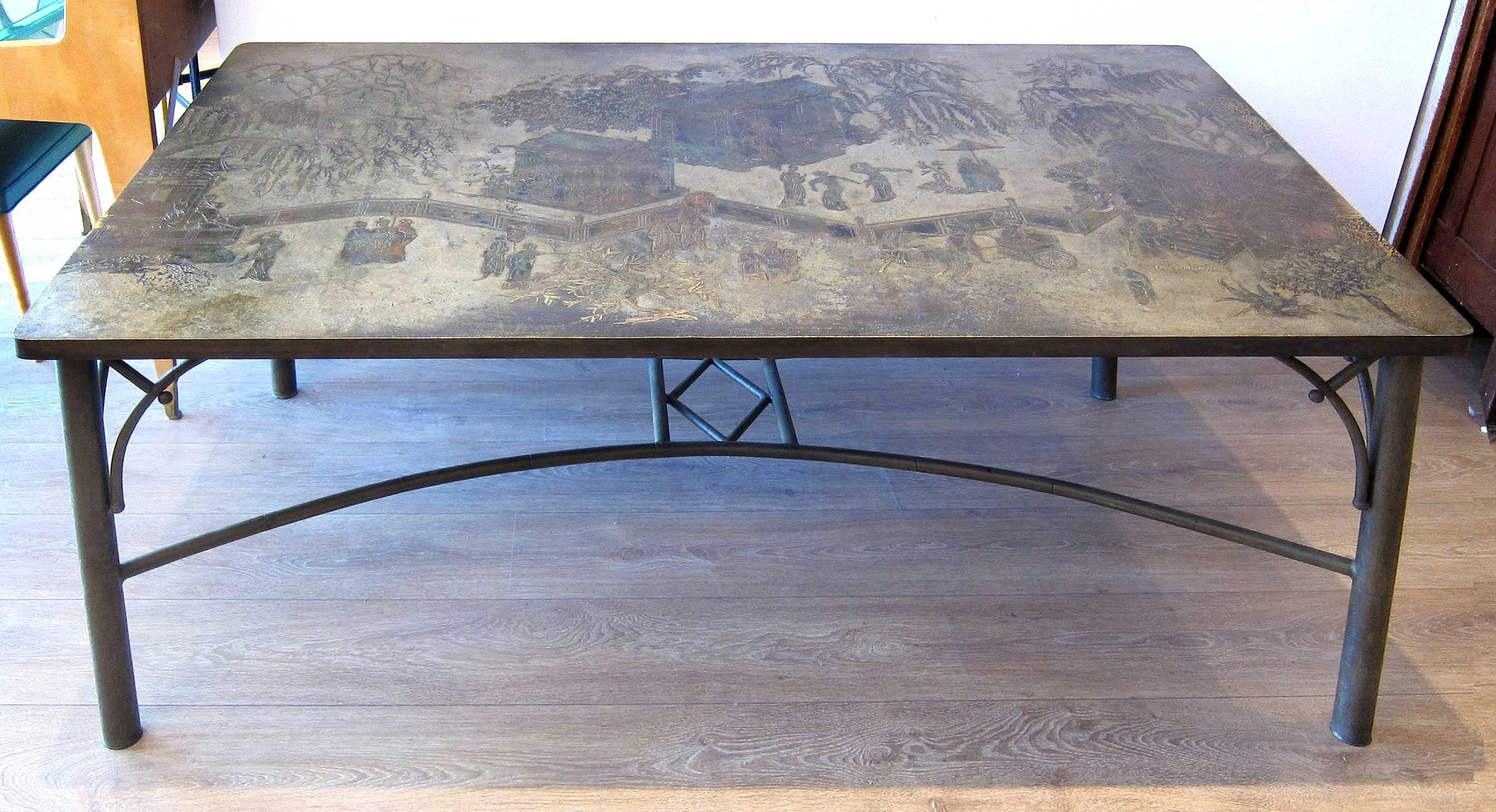 Rare dining table by Kelvin & Philip LaVerne. Faux bamboo brass base with etched and patinated bronze with pewter top.
Original documentation regarding subject scene 