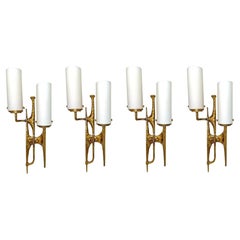 Set of Four Vintage Italian Brutalist Textured Gilded Bronze Wall Sconces