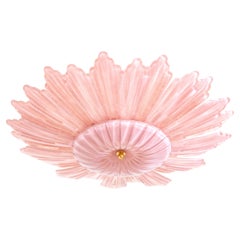 Small Pink Two-Tier Murano Frosted Glass Petal Sunburst Flush Mount, Italy