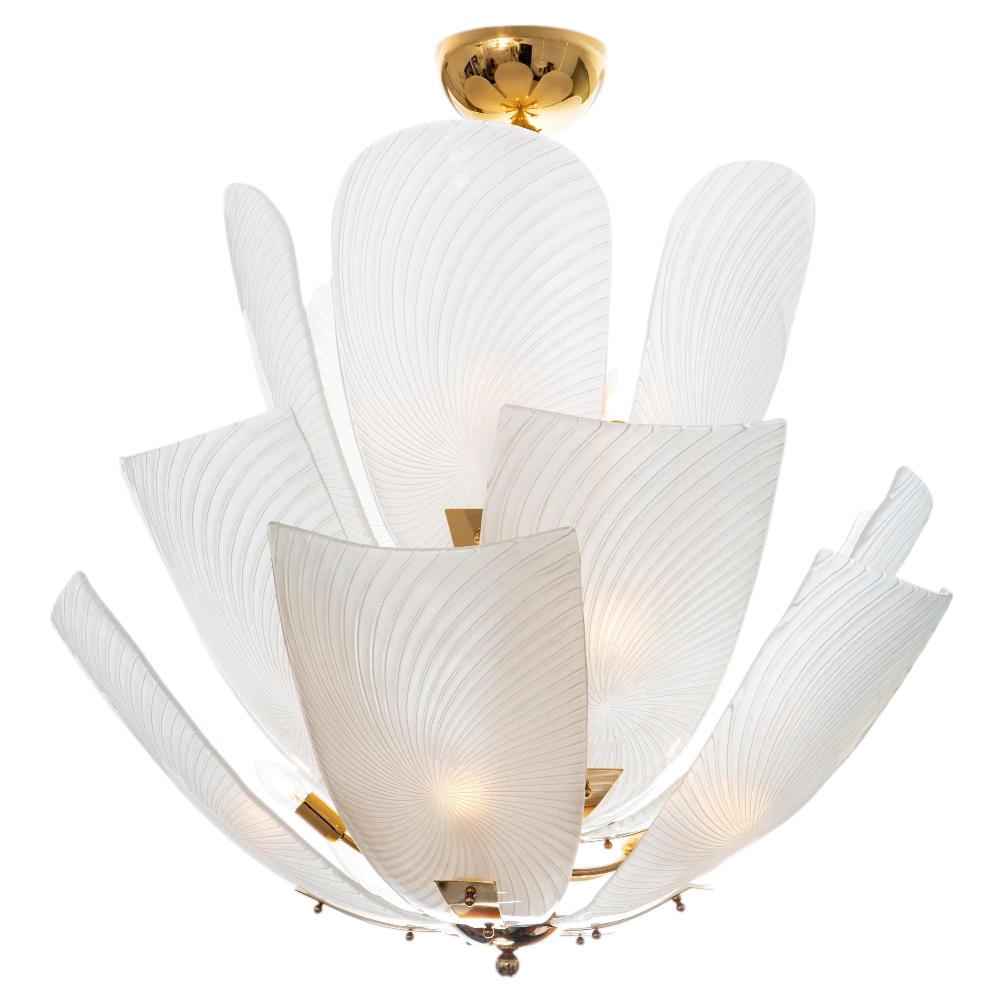 Large White Murano Glass Petal Tulip Chandelier with Brass, Contemporary Italy