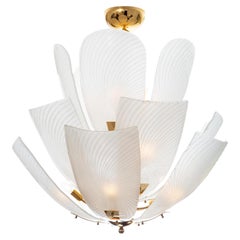 Large White Murano Glass Petal Tulip Chandelier with Brass, Contemporary Italy