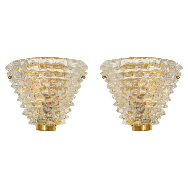 Art Deco Style Wall Lights, Rostrato Clear Murano Glass & Brass, Italy
