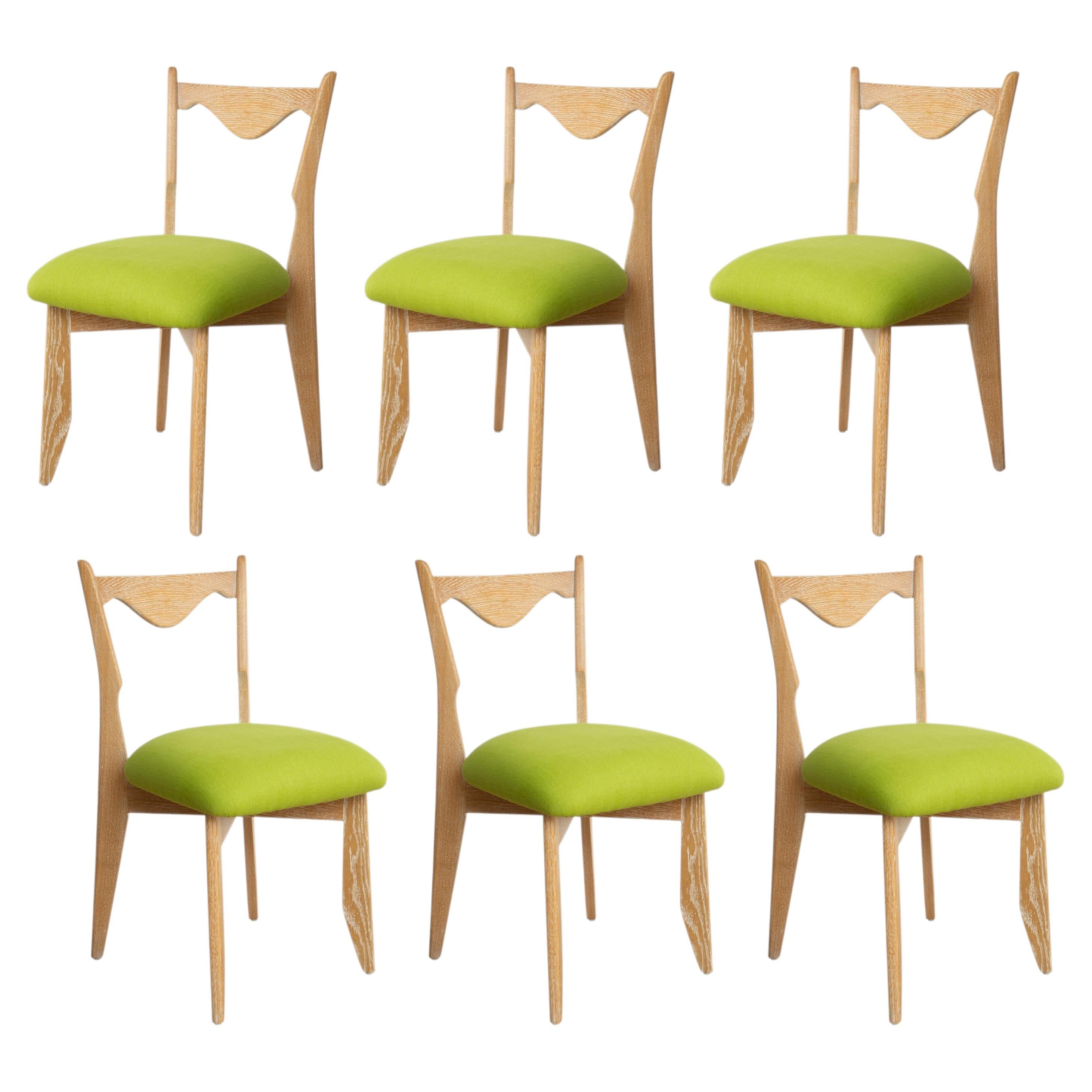 Set of Six Dining Chairs in Cerused Oak by Guillerme et Chambron, France